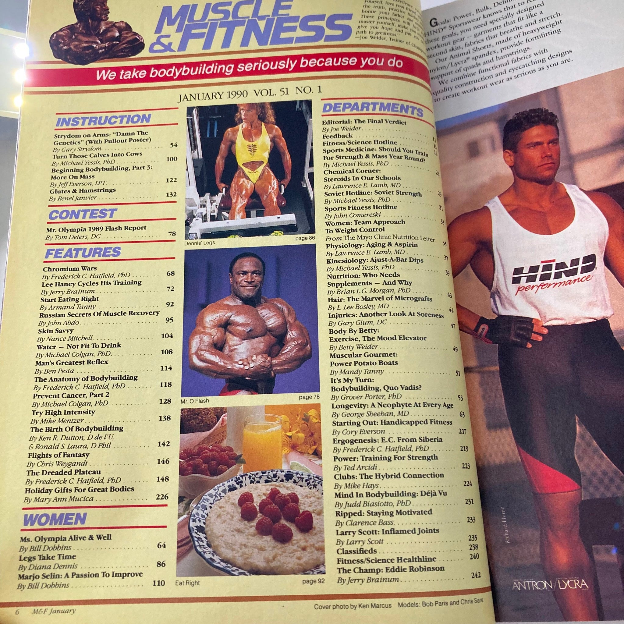 Interior page from Joe Weider's Muscle & Fitness Magazine January 1990 displaying articles, contests, and features in bodybuilding and nutrition.