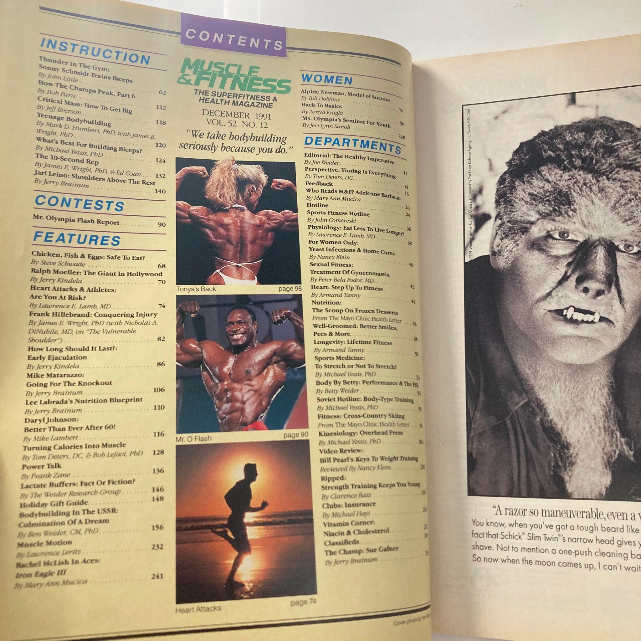 Contents page of Joe Weider's Muscle & Fitness Magazine December 1991, listing articles including features on bodybuilding and Ms. Olympia.