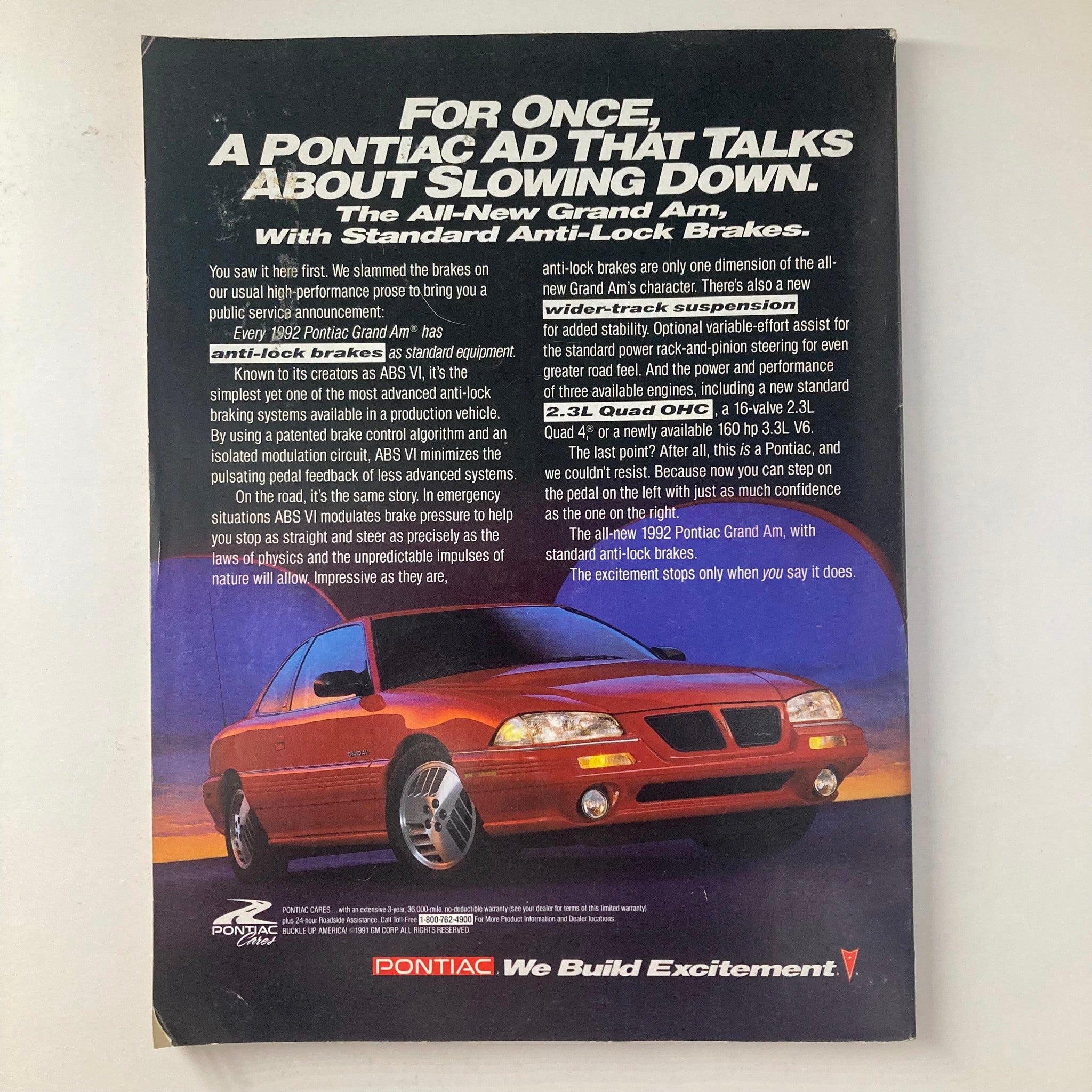 Back cover of Joe Weider's Muscle & Fitness Magazine December 1991, showcasing a Pontiac advertisement for the 1992 Grand Am.