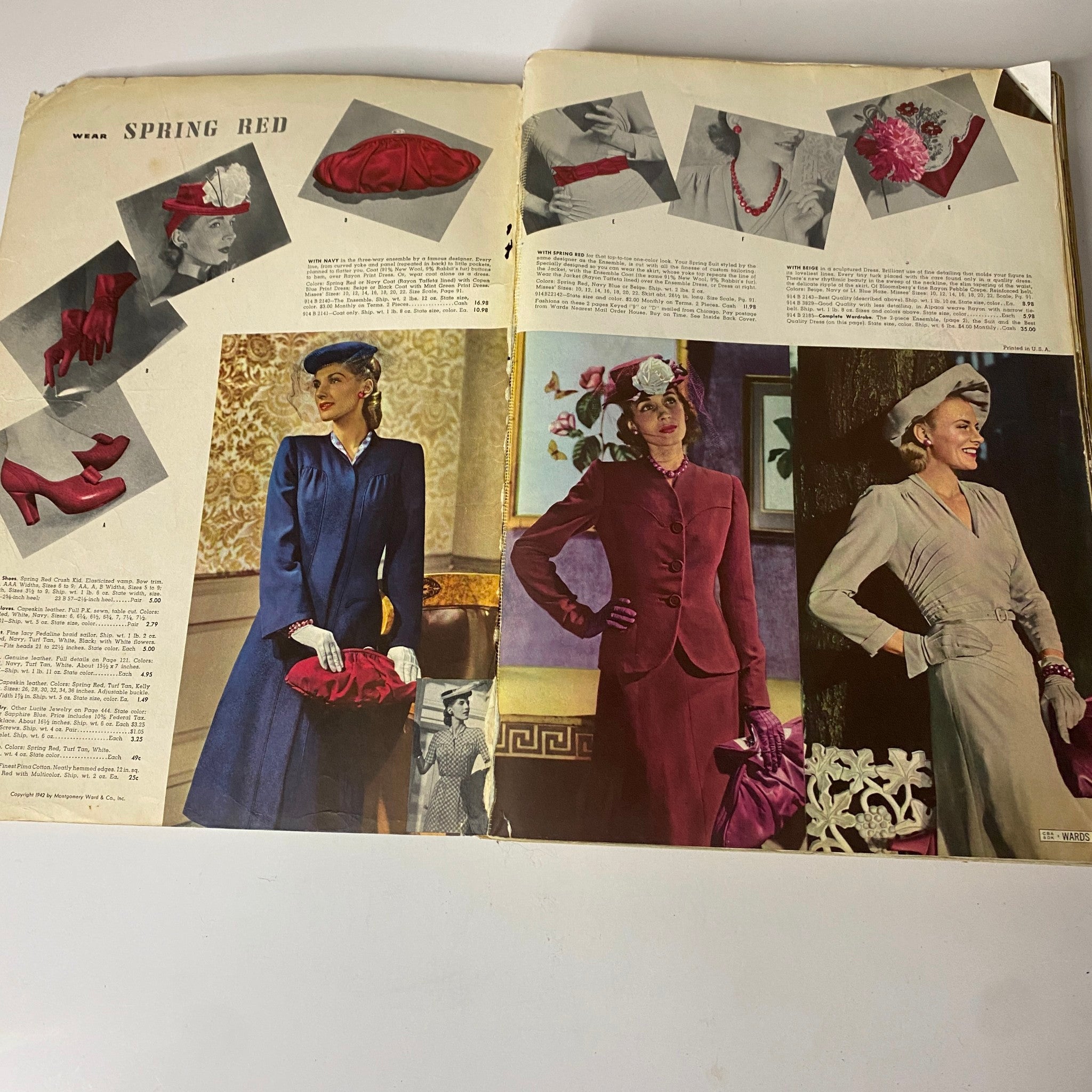 Interior page from the 1942 Montgomery Ward Spring and Summer Catalog showcasing a fashion spread titled 'Wear SPRING RED' with various red accessories.