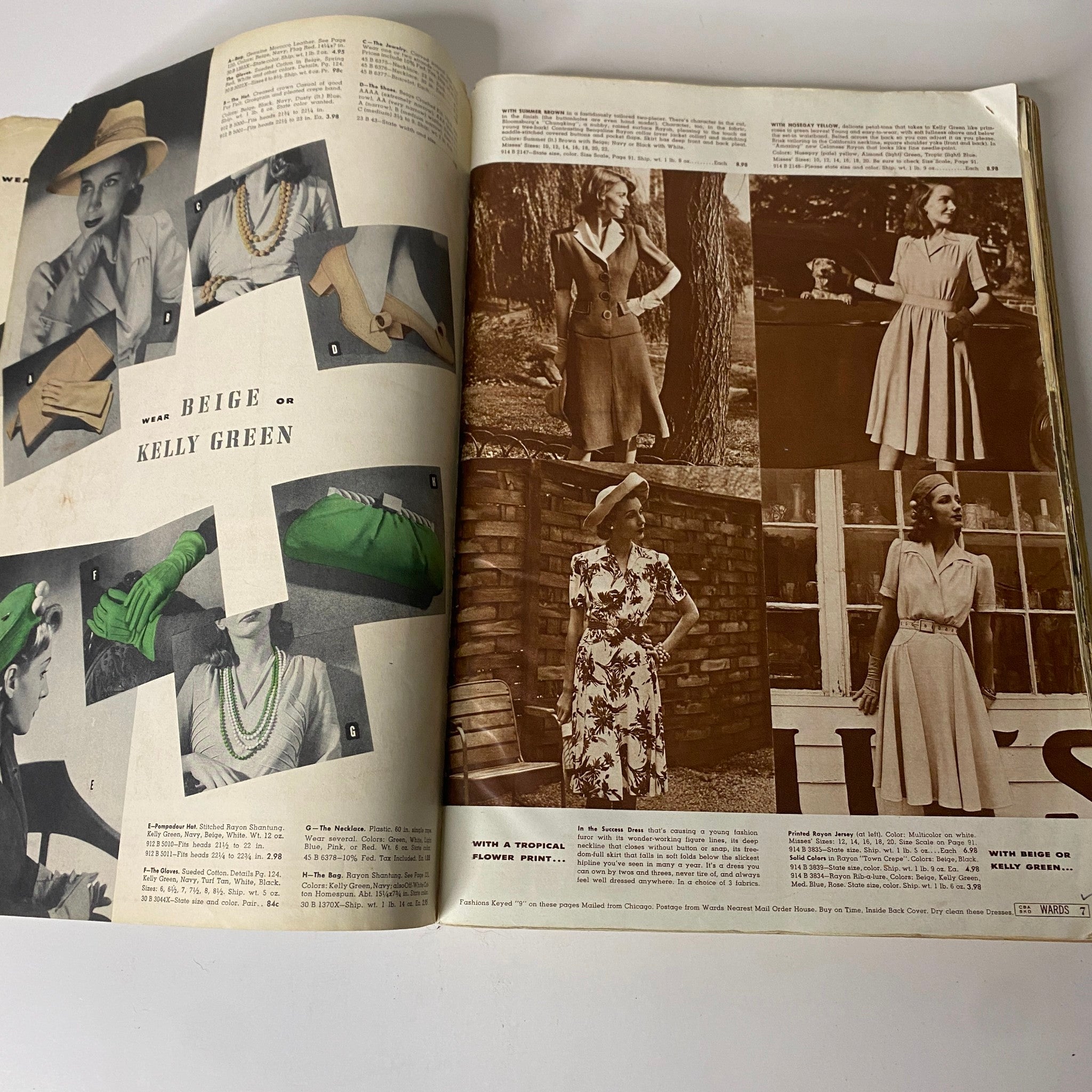 Interior page from the 1942 Montgomery Ward Spring and Summer Catalog displaying options in beige and Kelly green fashion wear with models.