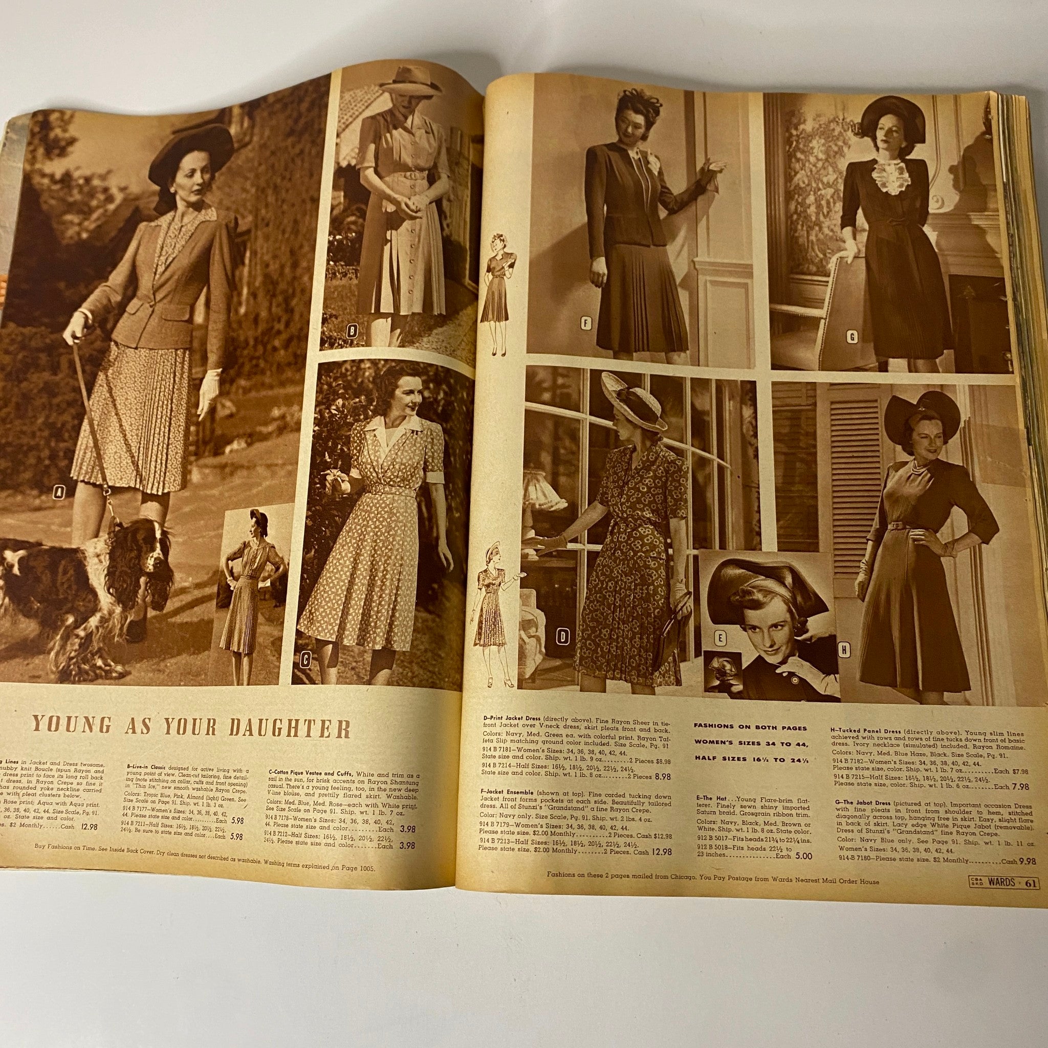 Fashion spread from the 1942 Montgomery Ward Spring and Summer Catalog titled 'Young as Your Daughter', displaying vintage dresses and hats.
