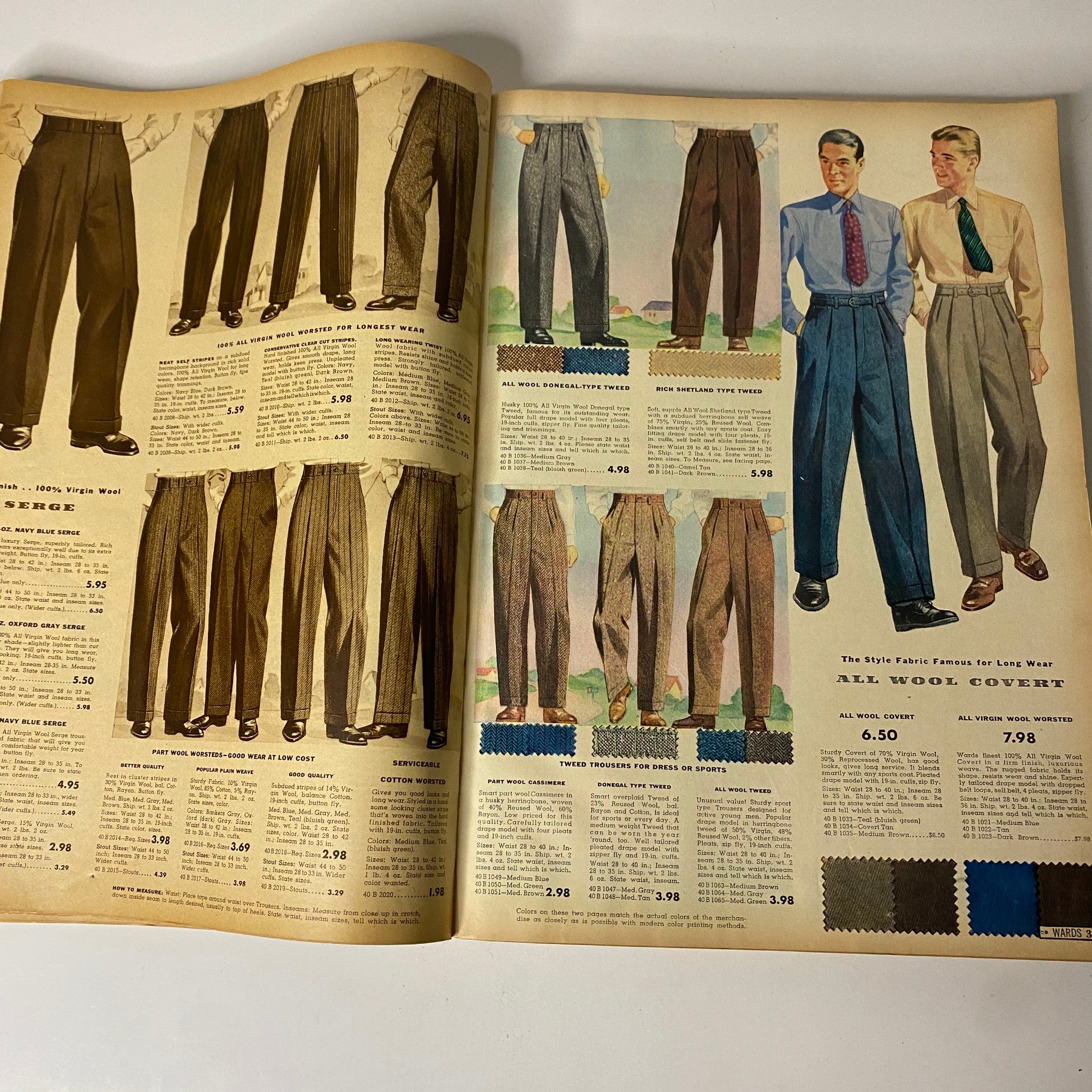 Men's trousers display from the 1942 Montgomery Ward Spring and Summer Catalog, highlighting various fabric options and pricing.