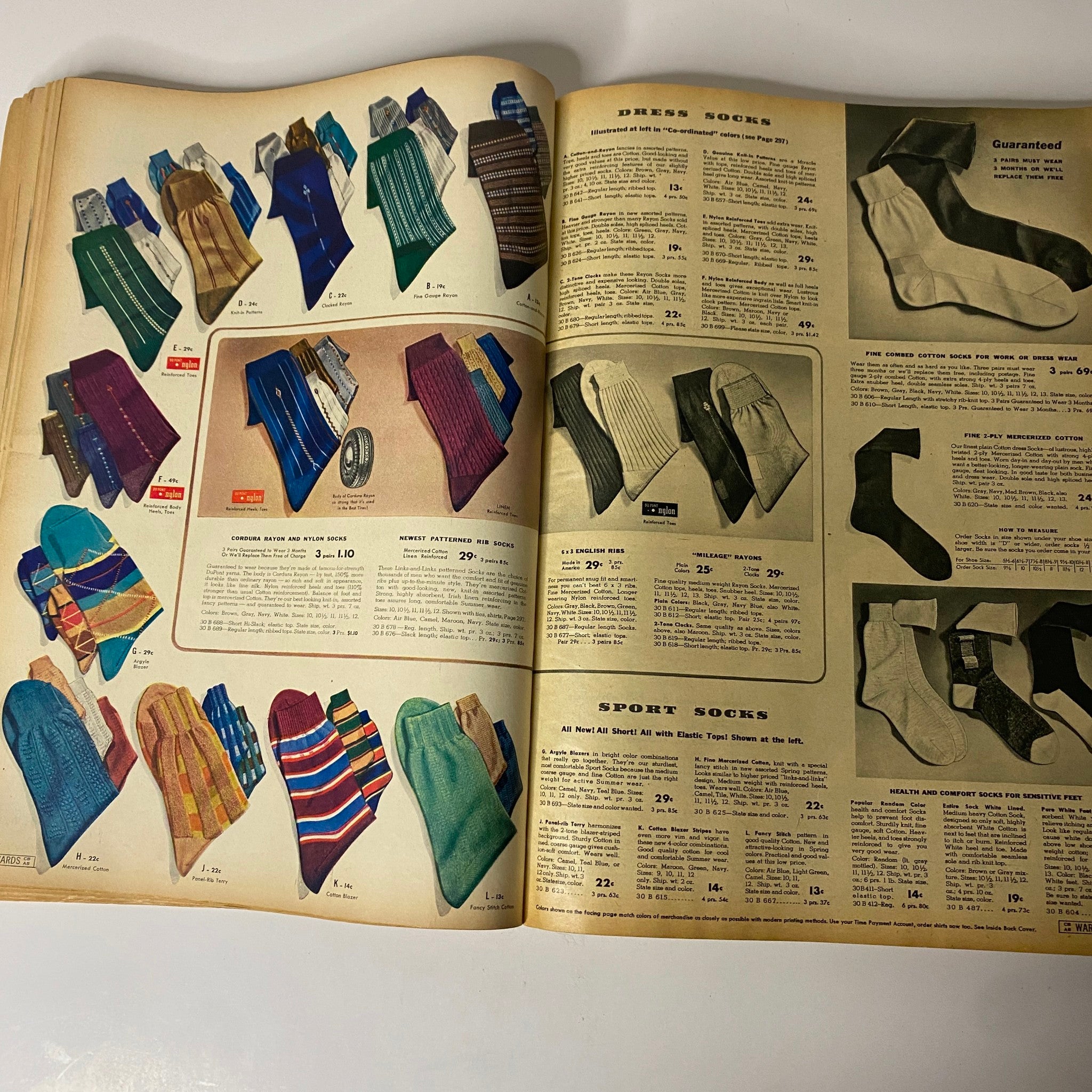 1942 Montgomery Ward Spring and Summer Catalog featuring a variety of colorful dress and sport socks with prices, showcasing vintage sock styles from the era.