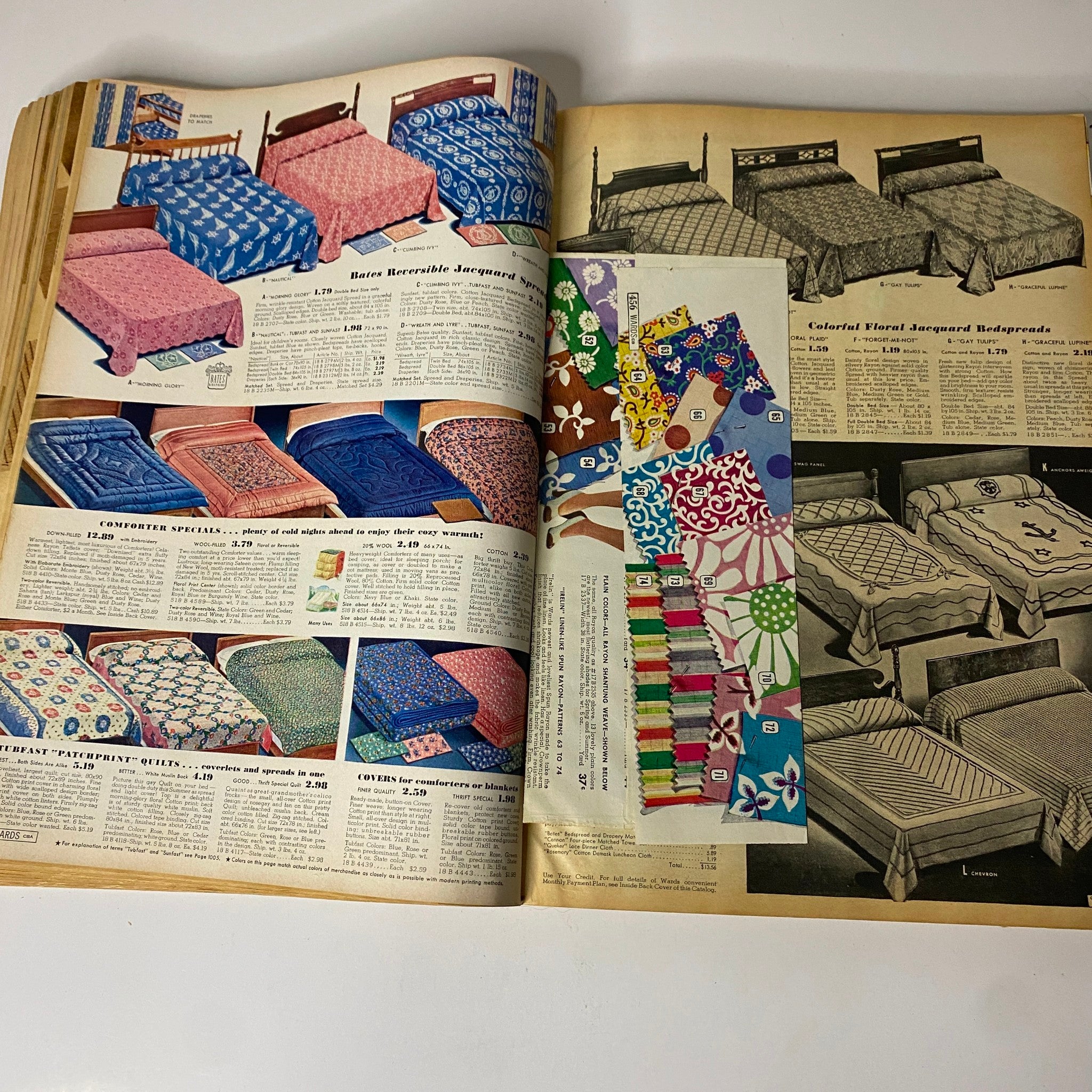1942 Montgomery Ward Spring and Summer Catalog displaying patterns of reversible jacquard spreads and colorful bed coverings, highlighting vintage bedding styles and prices.