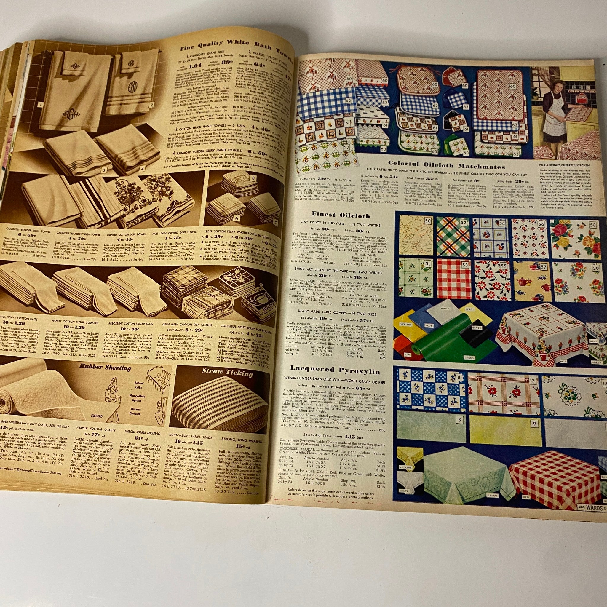 1942 Montgomery Ward Spring and Summer Catalog demonstrating a selection of fine quality bath towels and colorful oilcloth table coverings, emphasizing 1940s household textiles.