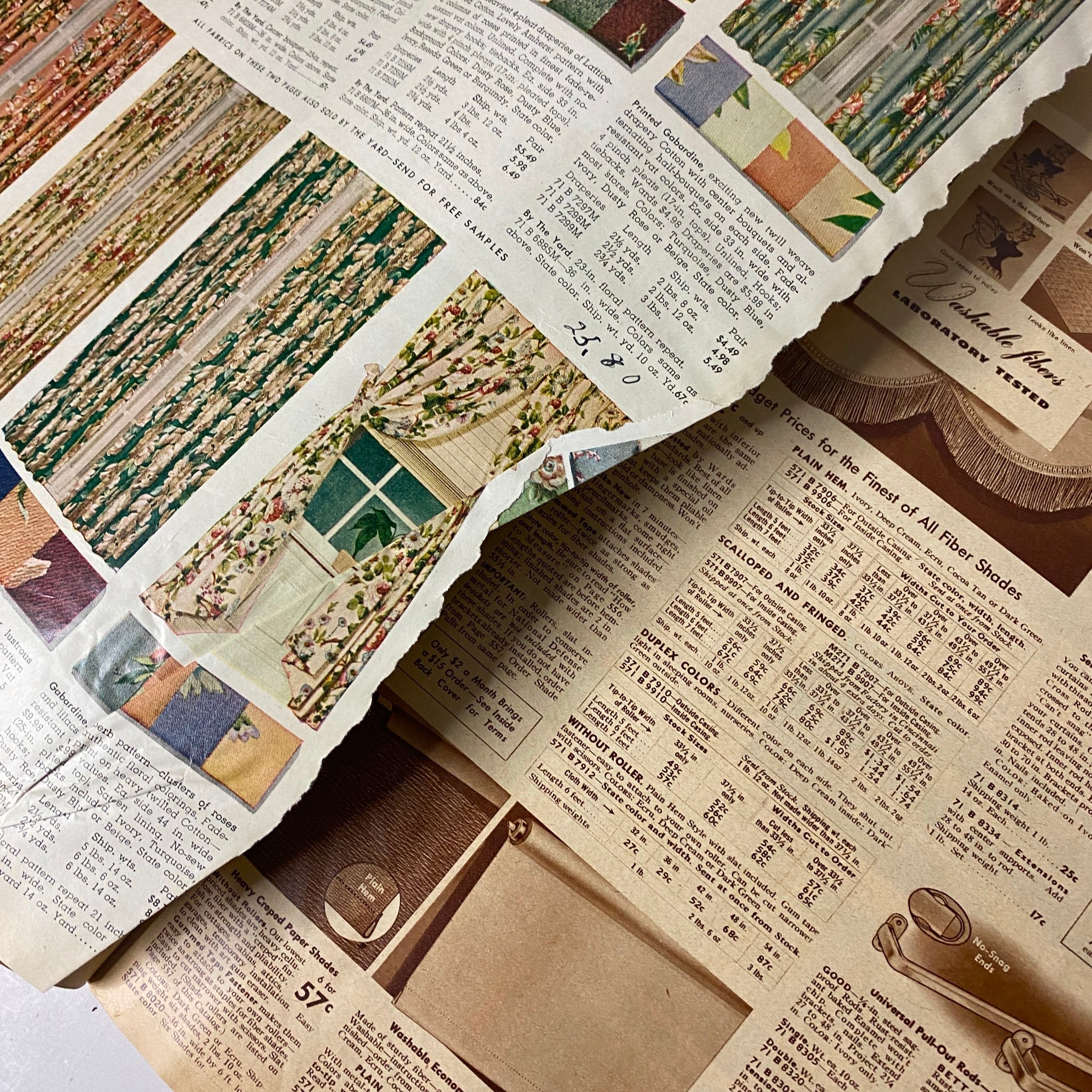 1942 Montgomery Ward Spring and Summer Catalog with samples of decorative curtains and fabric swatches, illustrating vintage window treatment options available at the time.