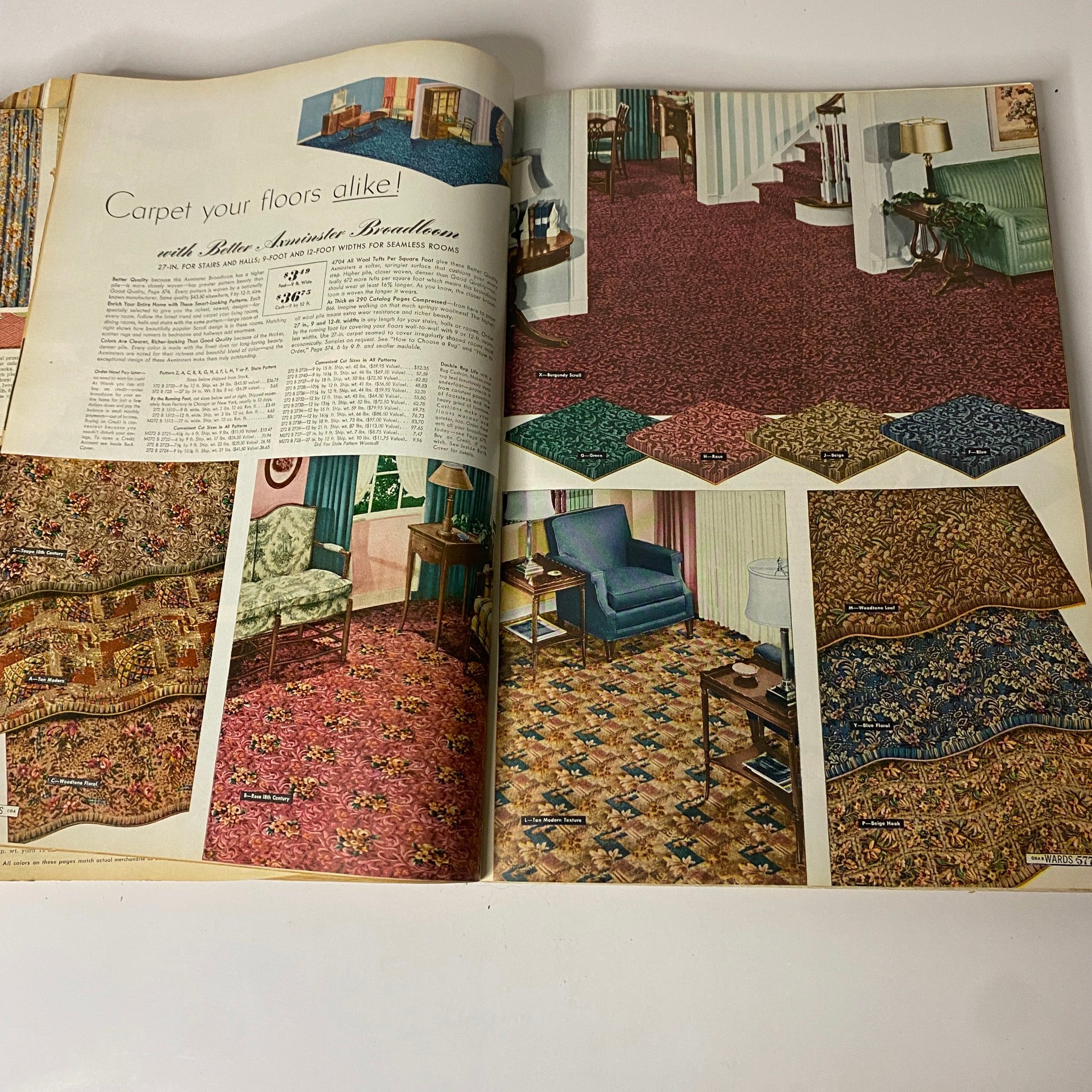1942 Montgomery Ward Spring and Summer Catalog presenting various vintage carpet designs and styles for different rooms, highlighting fashionable flooring options from the era.