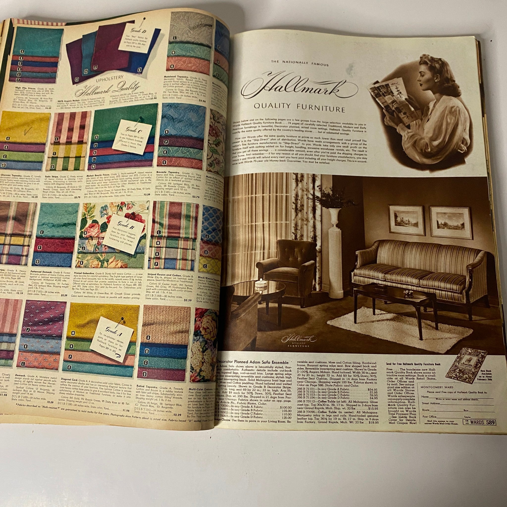Interior page from the 1942 Montgomery Ward Spring and Summer Catalog showcasing upholstery samples and a vintage furniture advertisement.