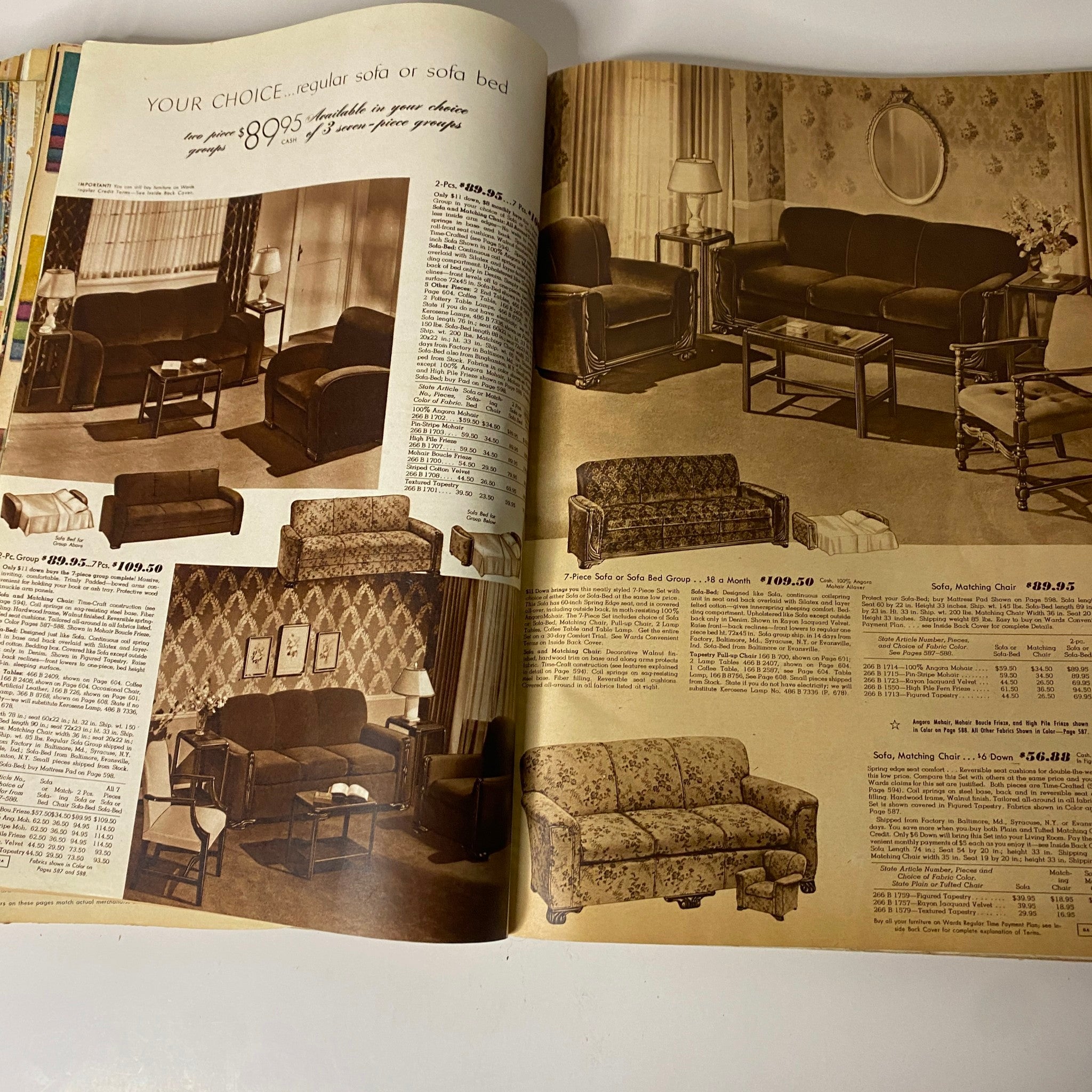 Interior spread from the 1942 Montgomery Ward Spring and Summer Catalog featuring various sofa options and pricing.