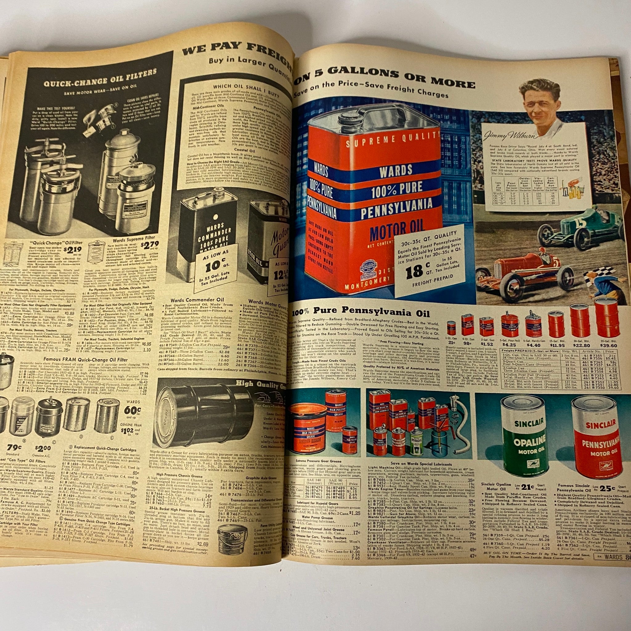 Interior page from the 1942 Montgomery Ward Spring and Summer Catalog highlighting motor oils and automotive products.