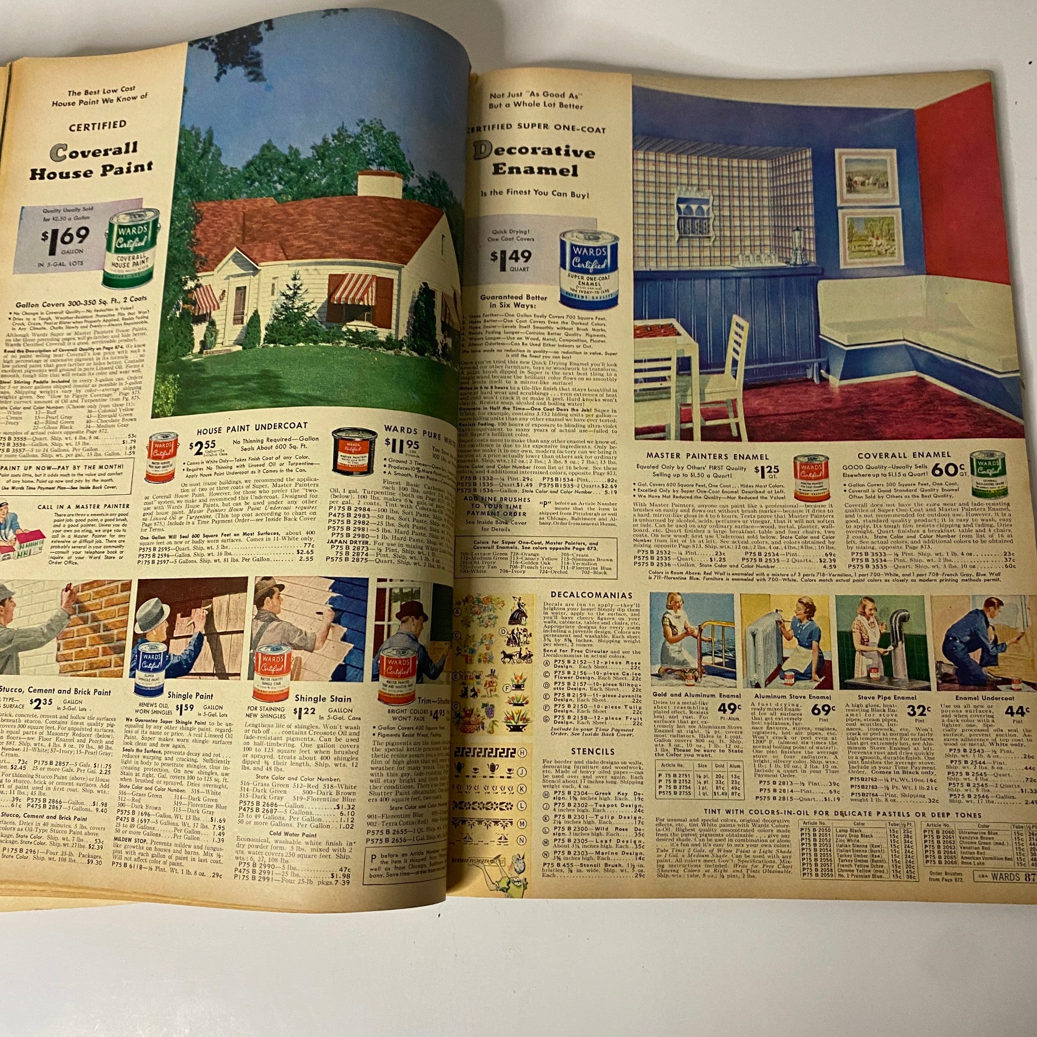1942 Montgomery Ward Spring and Summer Catalog features a two-page spread showcasing home improvement products including paints and painting supplies, highlighting vintage prices and illustrations.