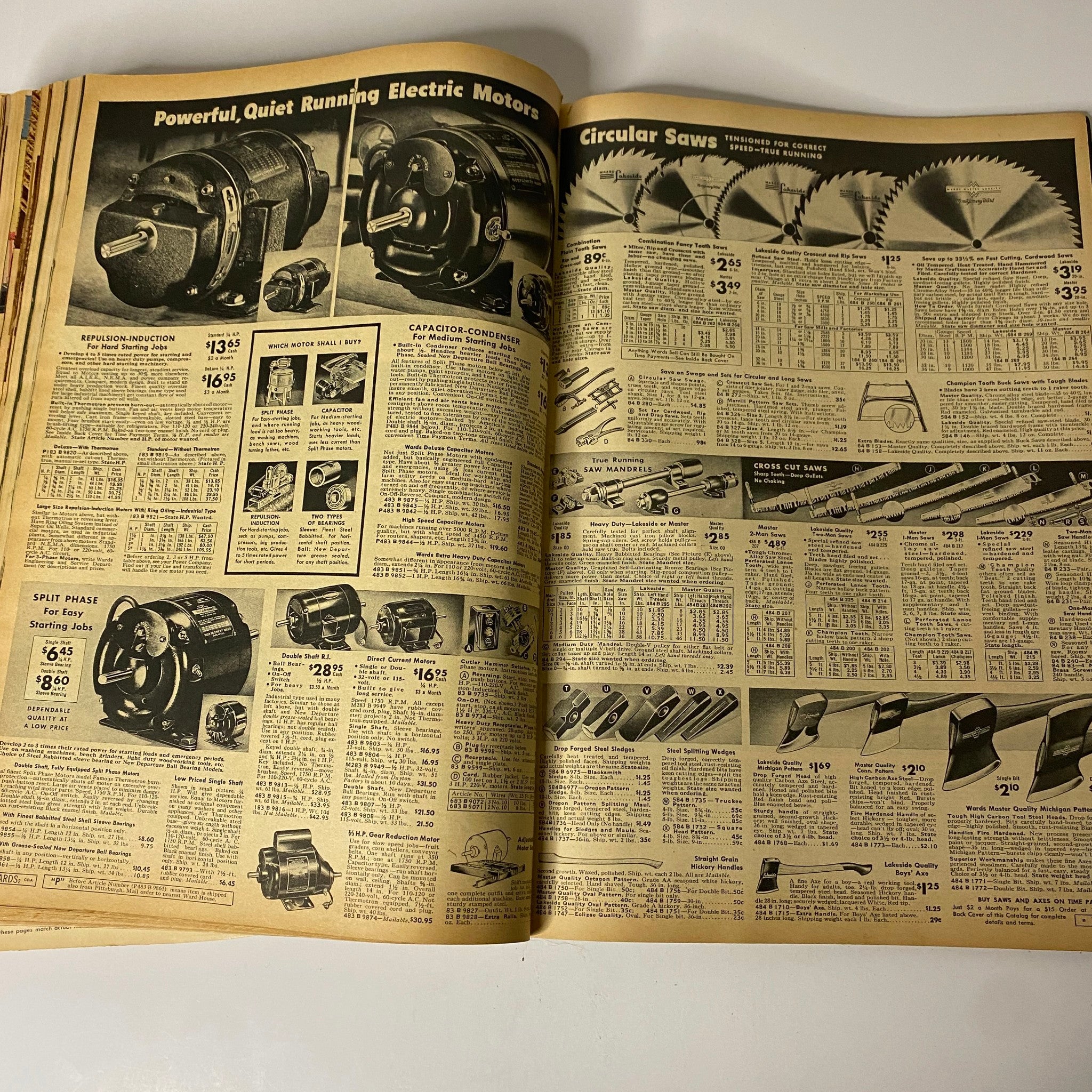 1942 Montgomery Ward Spring and Summer Catalog displays electric motors and circular saws with detailed descriptions and vintage pricing, emphasizing classic tools from the era.