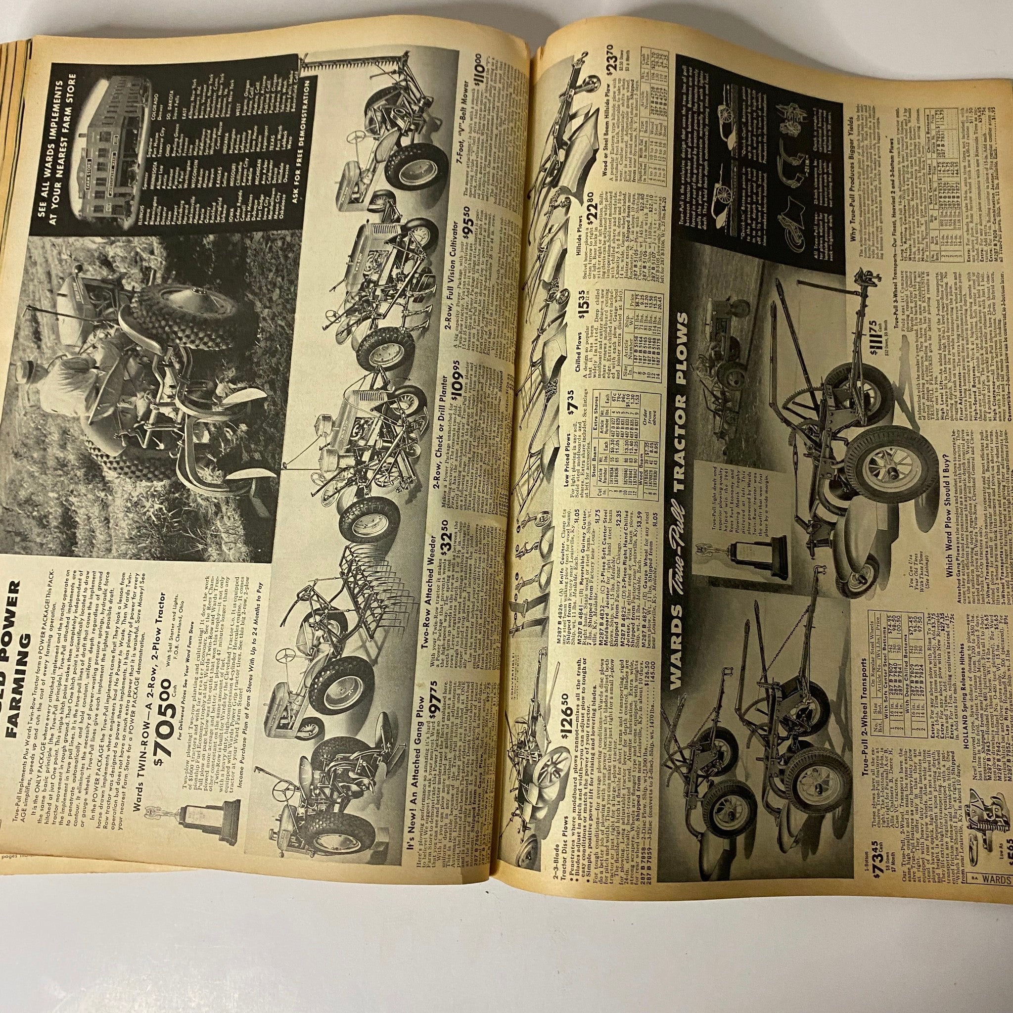 1942 Montgomery Ward Spring and Summer Catalog presents a selection of farming equipment including tractors and accessories, featuring black and white illustrations and historical pricing.