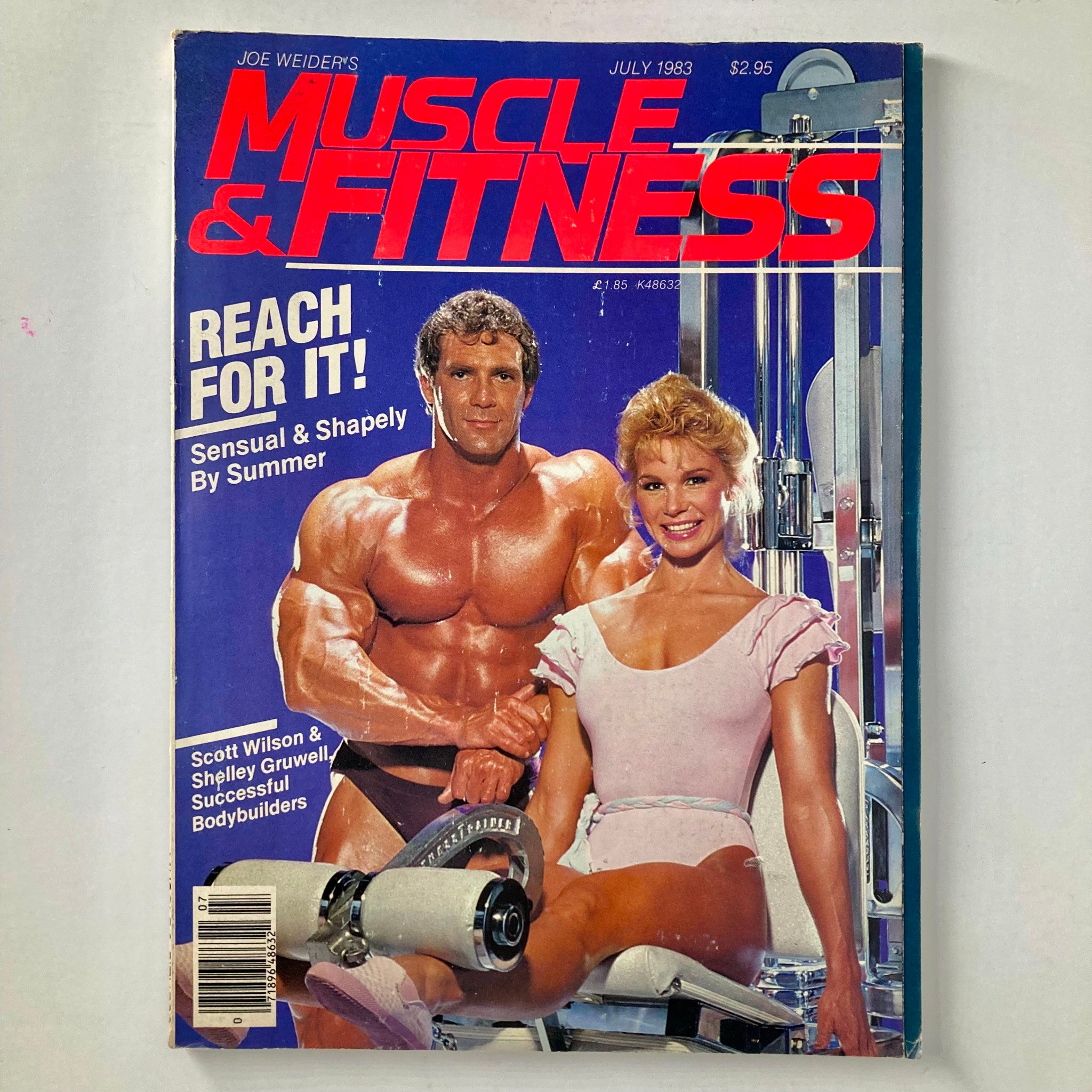 Cover of Joe Weider's Muscle & Fitness Magazine, July 1983, featuring Scott Wilson and Shelley Gruwell showcasing fitness goals and bodybuilding. The cover emphasizes themes of sensuality and summer fitness.