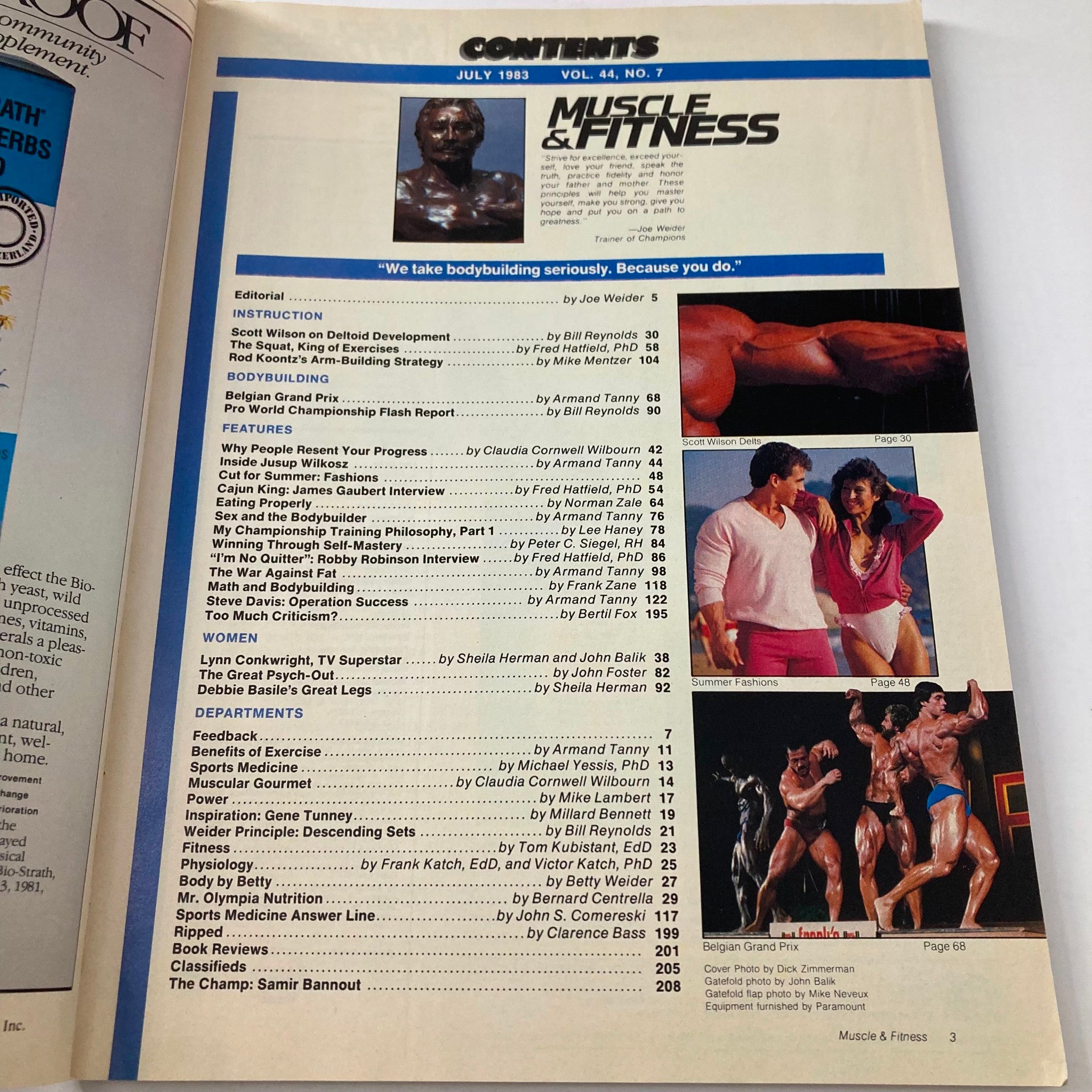 Contents page of Joe Weider's Muscle & Fitness Magazine, July 1983, displaying various articles on bodybuilding techniques, fitness instruction, and nutrition, highlighting contributions from fitness experts and bodybuilders.