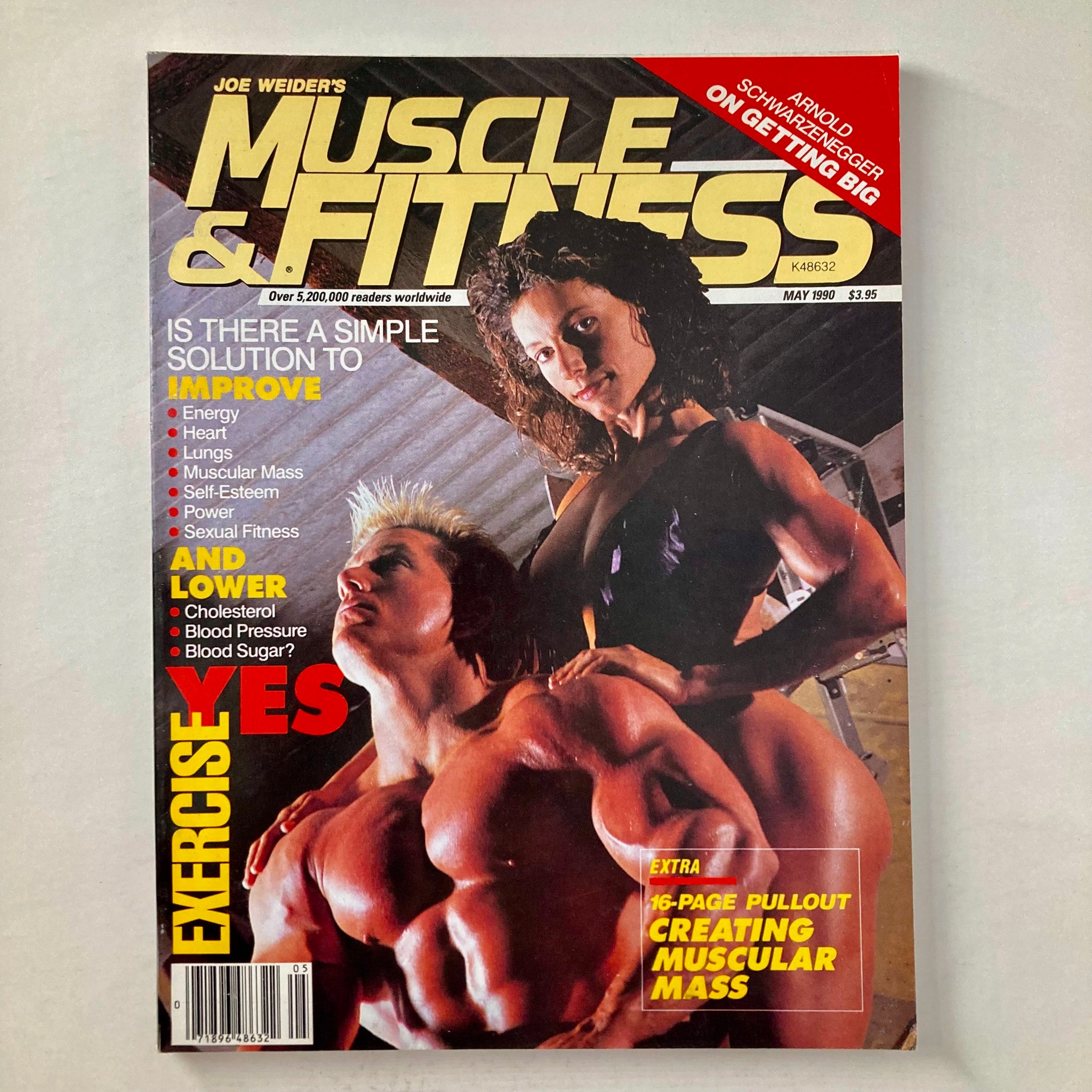Cover of Joe Weider's Muscle & Fitness Magazine May 1990 featuring muscular athletes showcasing fitness tips and health solutions. Includes promotional features about bodybuilding and enhancing physical wellness.