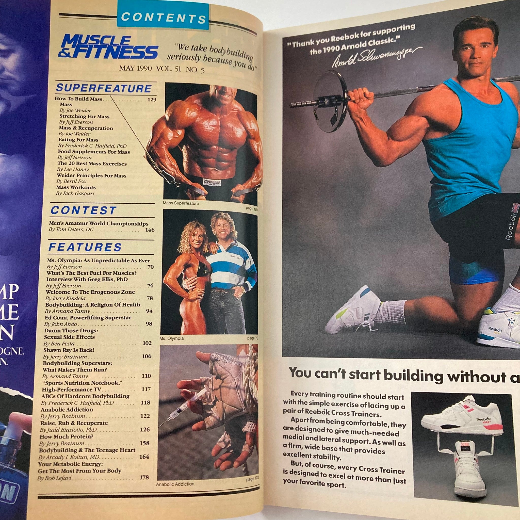 Contents page of Joe Weider's Muscle & Fitness Magazine May 1990 listing featured articles on bodybuilding and fitness techniques, along with an advertisement for Arnold Schwarzenegger promoting exercise equipment.