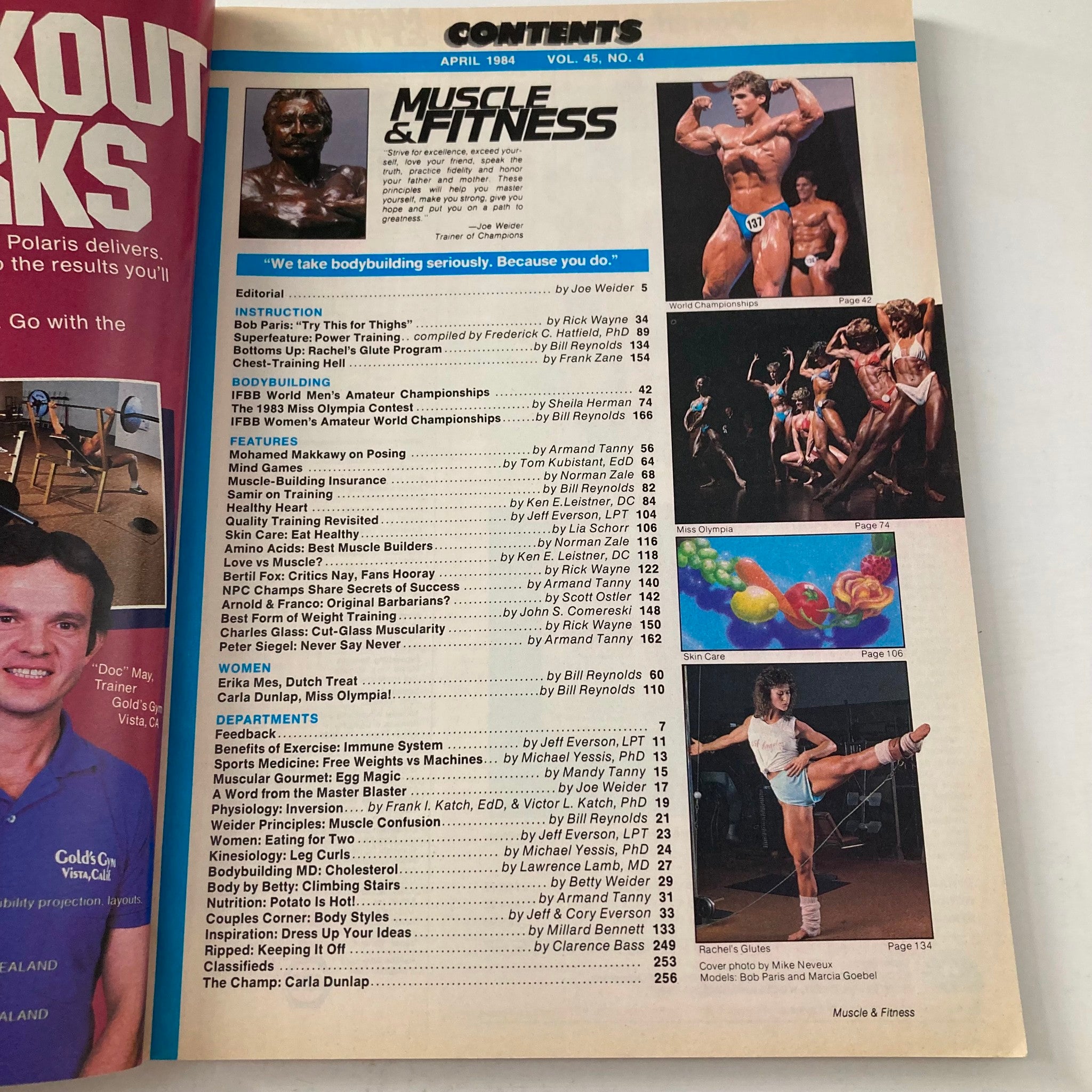 Contents page of Joe Weider's Muscle & Fitness Magazine April 1984, showcasing various articles and features such as bodybuilding championships, fitness training tips, and profiles on competitors. Essential for fitness enthusiasts.