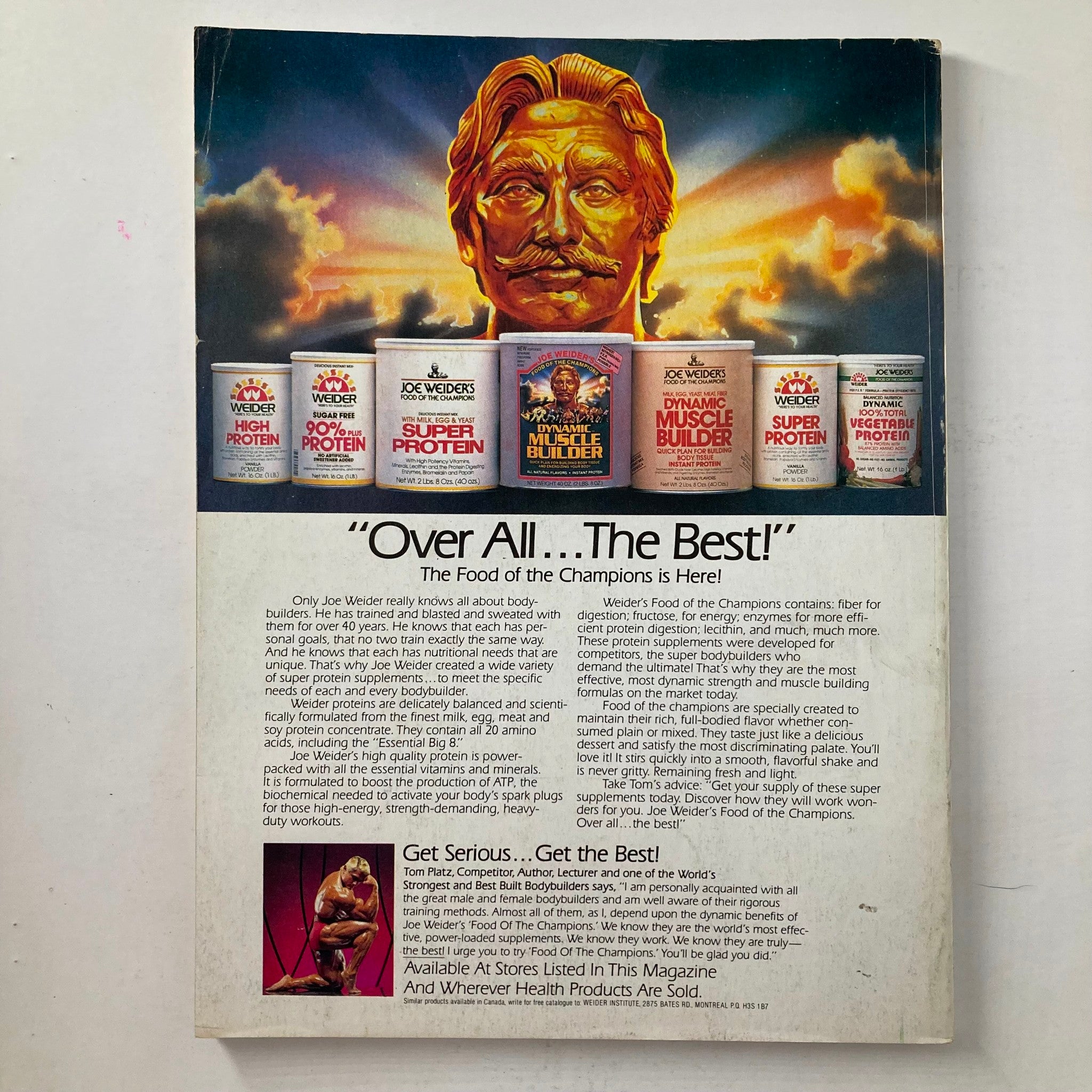 Back cover of Joe Weider's Muscle & Fitness Magazine April 1984 promoting Joe Weider's protein products. Highlights the benefits of the Food of the Champions, emphasizing health and fitness for bodybuilders.