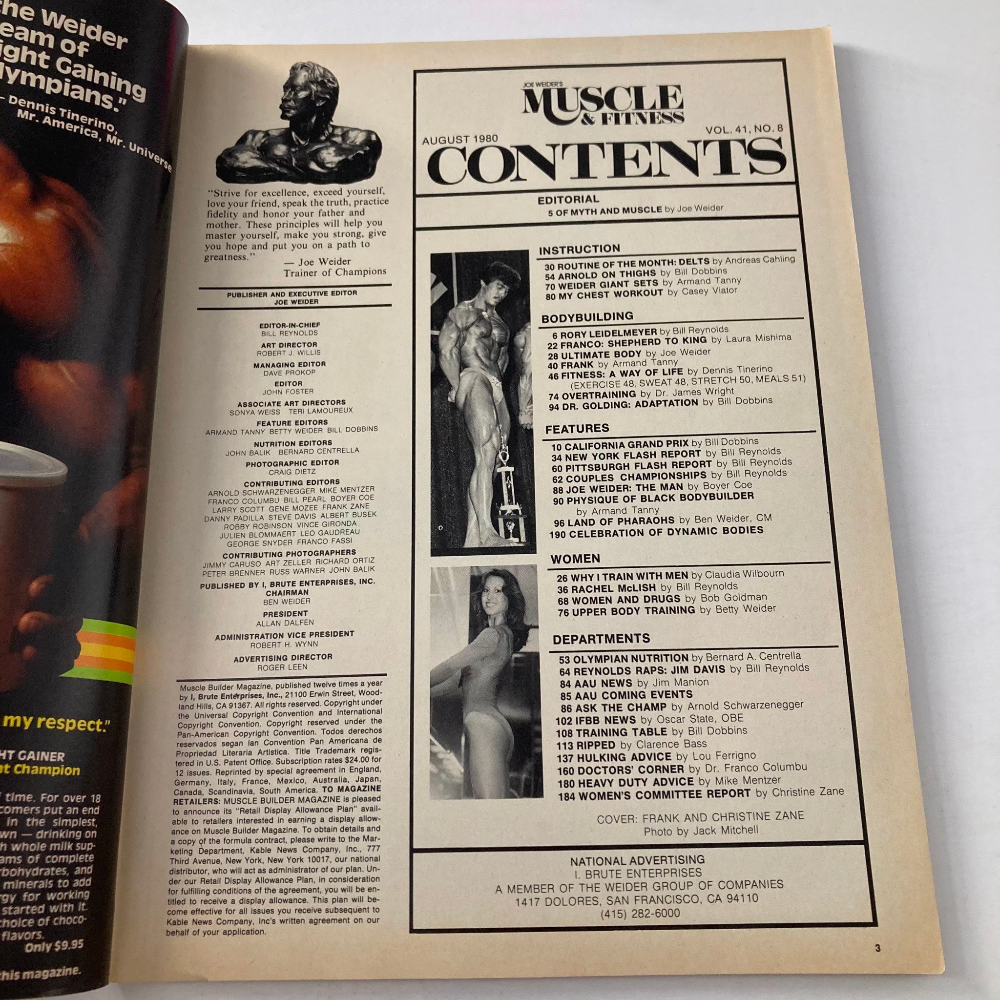 Inside page of Joe Weider's Muscle & Fitness Magazine August 1980 displaying the table of contents for volume 41, number 8.