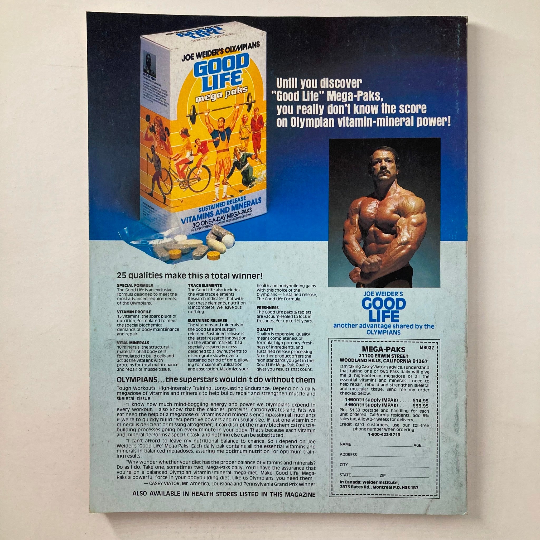 Back cover of Joe Weider's Muscle & Fitness Magazine August 1980 advertising Joe Weider's Good Life mega paks, featuring a muscular man.