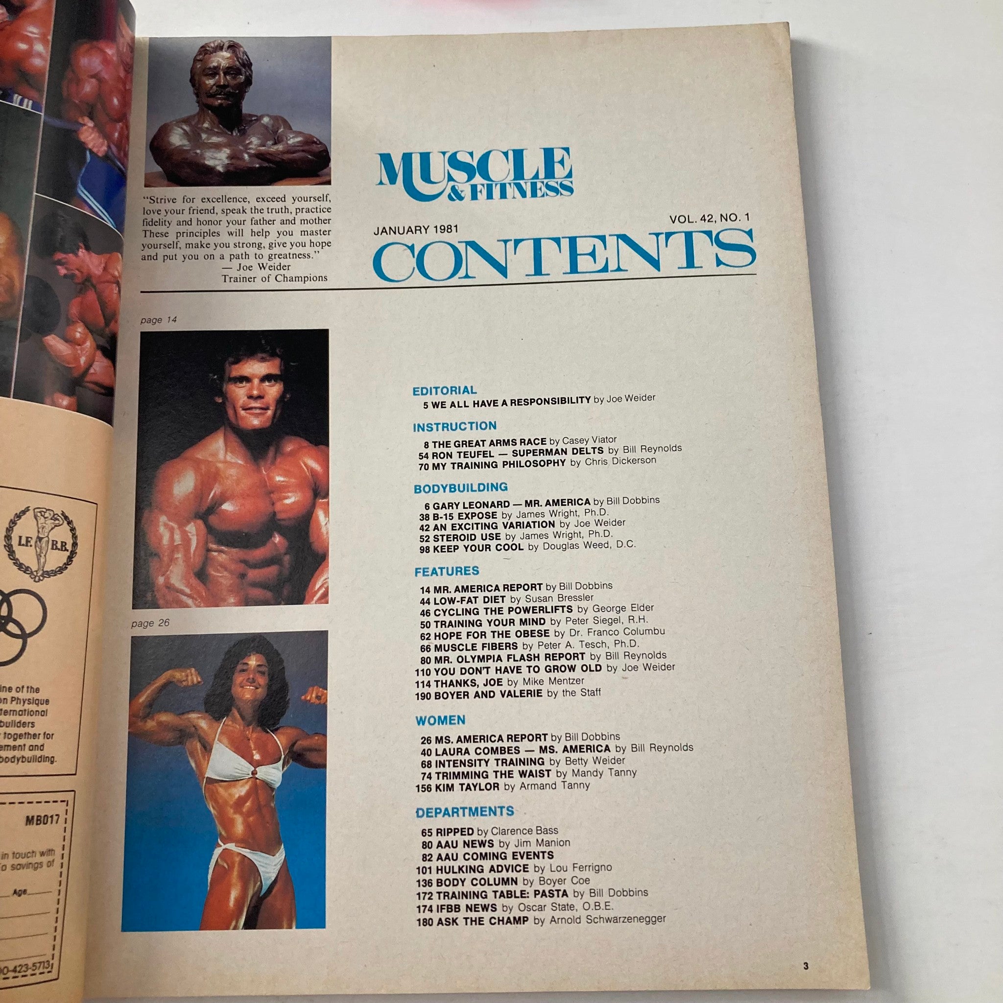 Contents page of Joe Weider's Muscle & Fitness Magazine January 1981, featuring articles on bodybuilding and fitness, including Mr. America and Ms. America. Highlights Joe Weider's philosophy and various articles on training and nutrition.