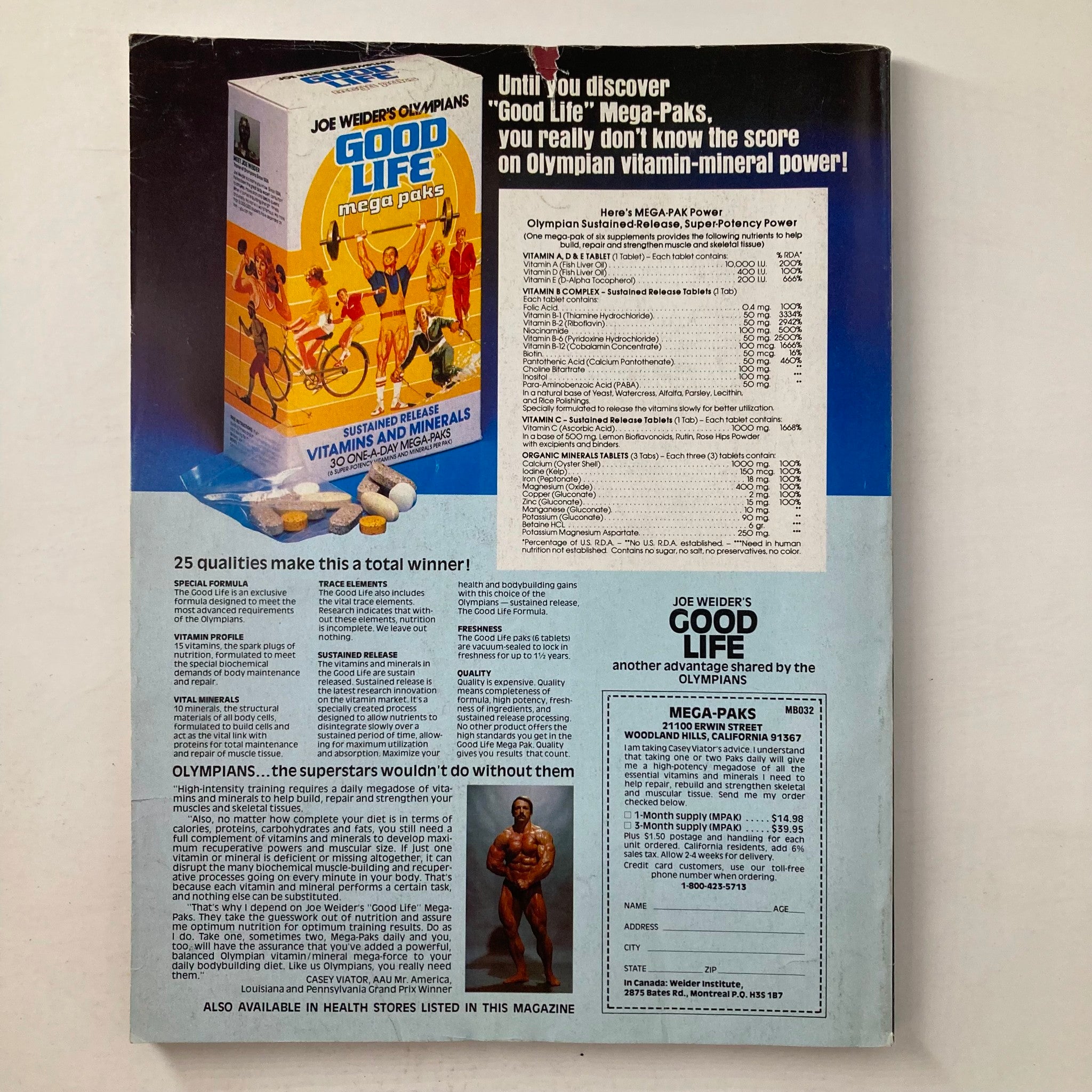 Back cover of Joe Weider's Muscle & Fitness Magazine January 1981, advertising 'Good Life' Mega-Paks for vitamins and minerals. The packaging includes a list of benefits and features related to olympic training and nutrition.