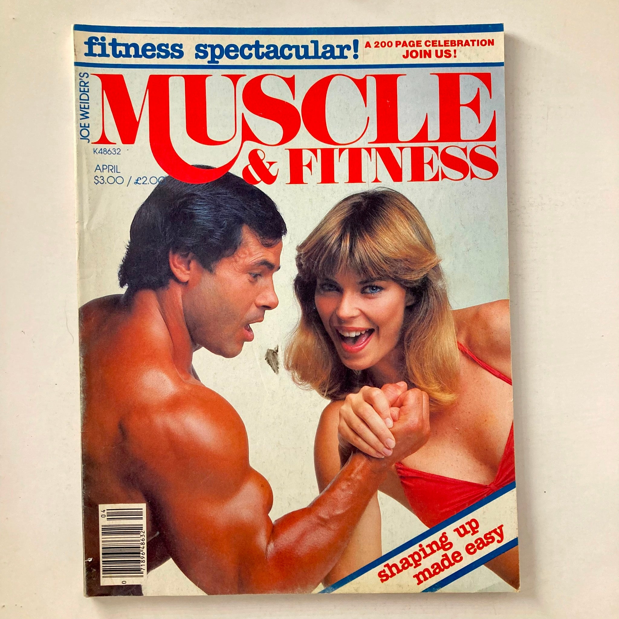 Cover of Joe Weider Muscle & Fitness Magazine April 1981 featuring fitness models in an arm wrestling pose, emphasizing fitness culture of the 1980s.
