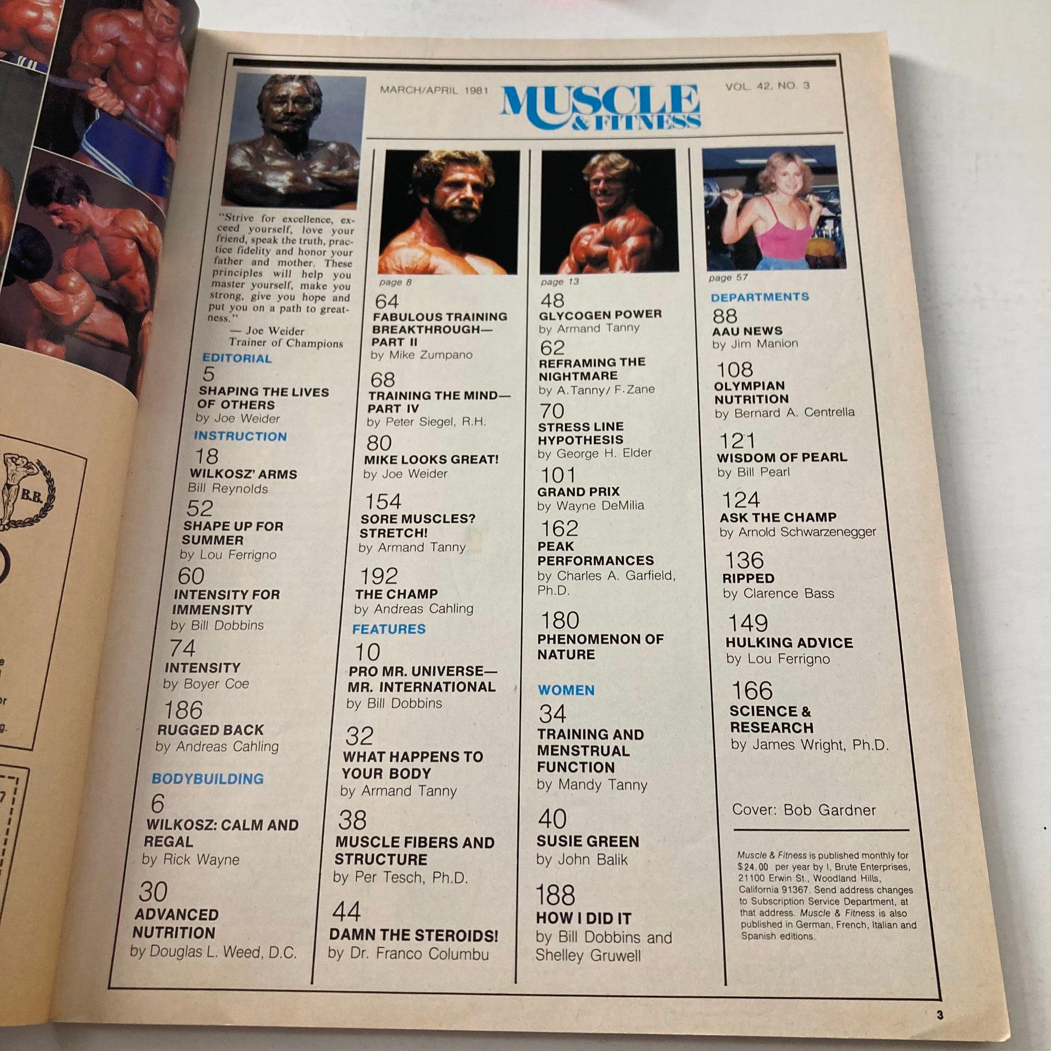 Interior page of Joe Weider Muscle & Fitness Magazine April 1981 displaying the table of contents featuring bodybuilding and fitness articles.