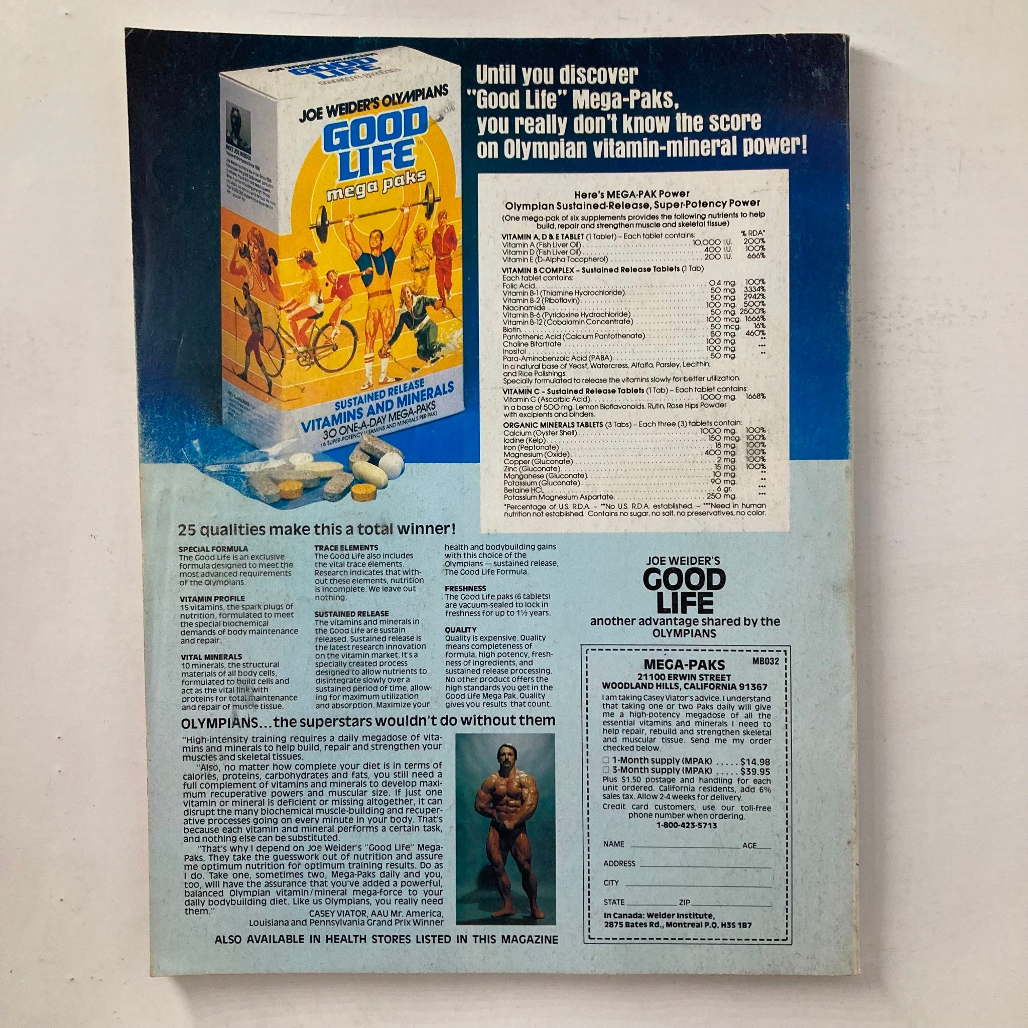 Back cover of Joe Weider Muscle & Fitness Magazine April 1981 showcasing an advertisement for Joe Weider's Good Life Mega-Paks vitamins and minerals.