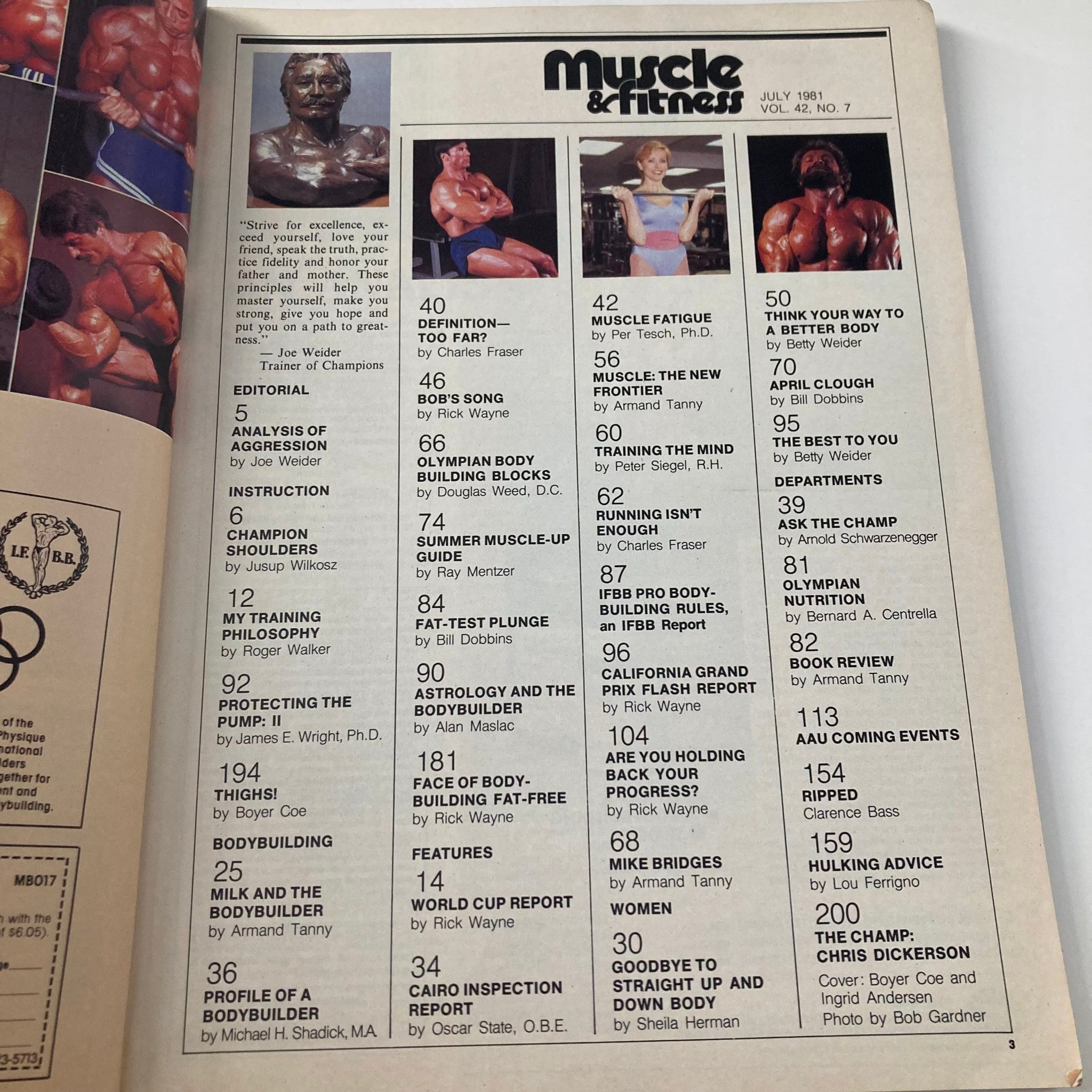 Inside page of Joe Weider's Muscle & Fitness Magazine July 1981 featuring articles on bodybuilding, fitness, and nutrition with contributions from notable figures such as Joe Weider and Boyer Coe.