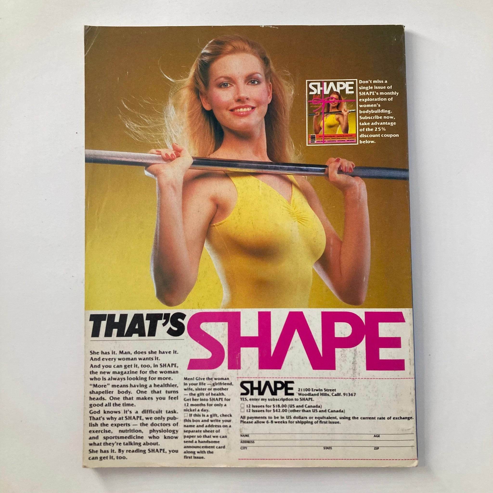 Back cover of Joe Weider's Muscle & Fitness Magazine July 1981 showcasing an advertisement for Shape magazine, highlighting women's fitness and bodybuilding.