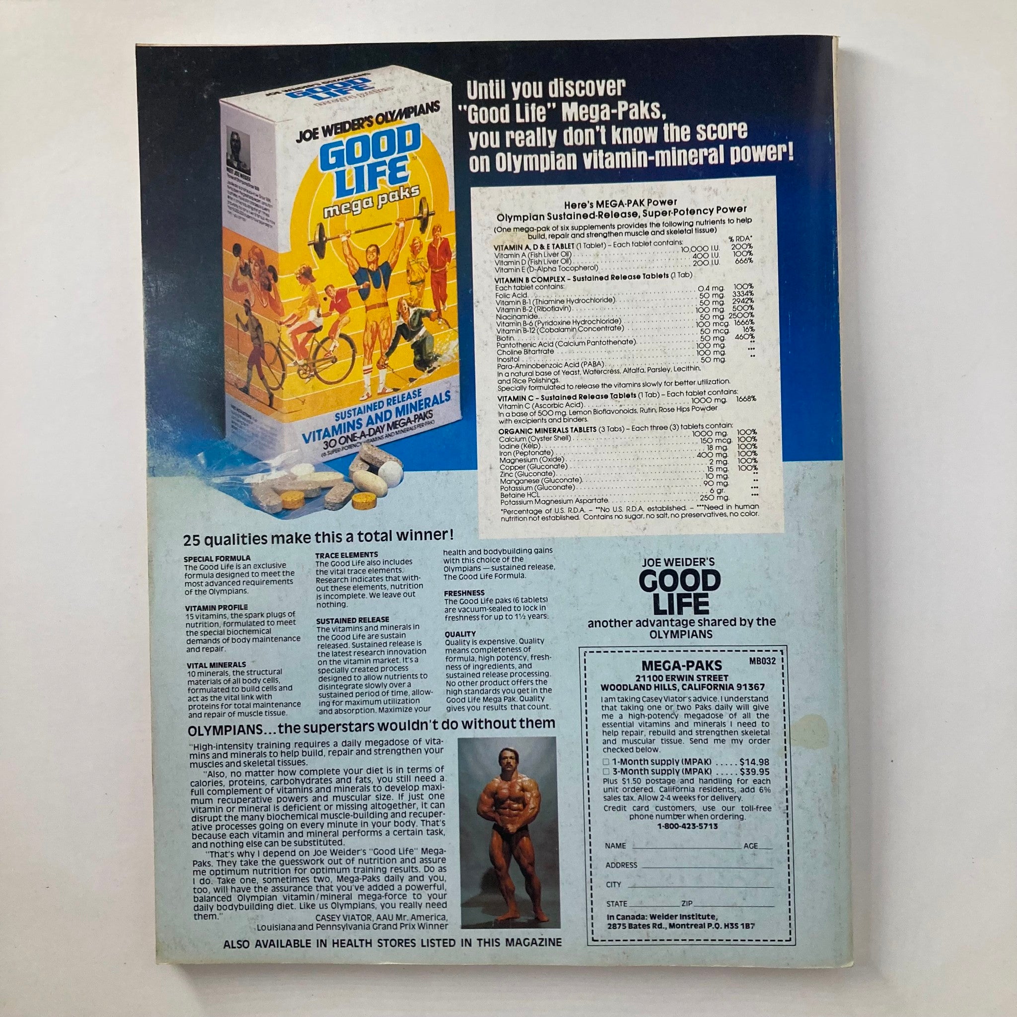 Back cover of Joe Weider's Muscle & Fitness Magazine February 1981 showcasing an advertisement for Good Life Mega-Paks vitamins with bodybuilding themes.