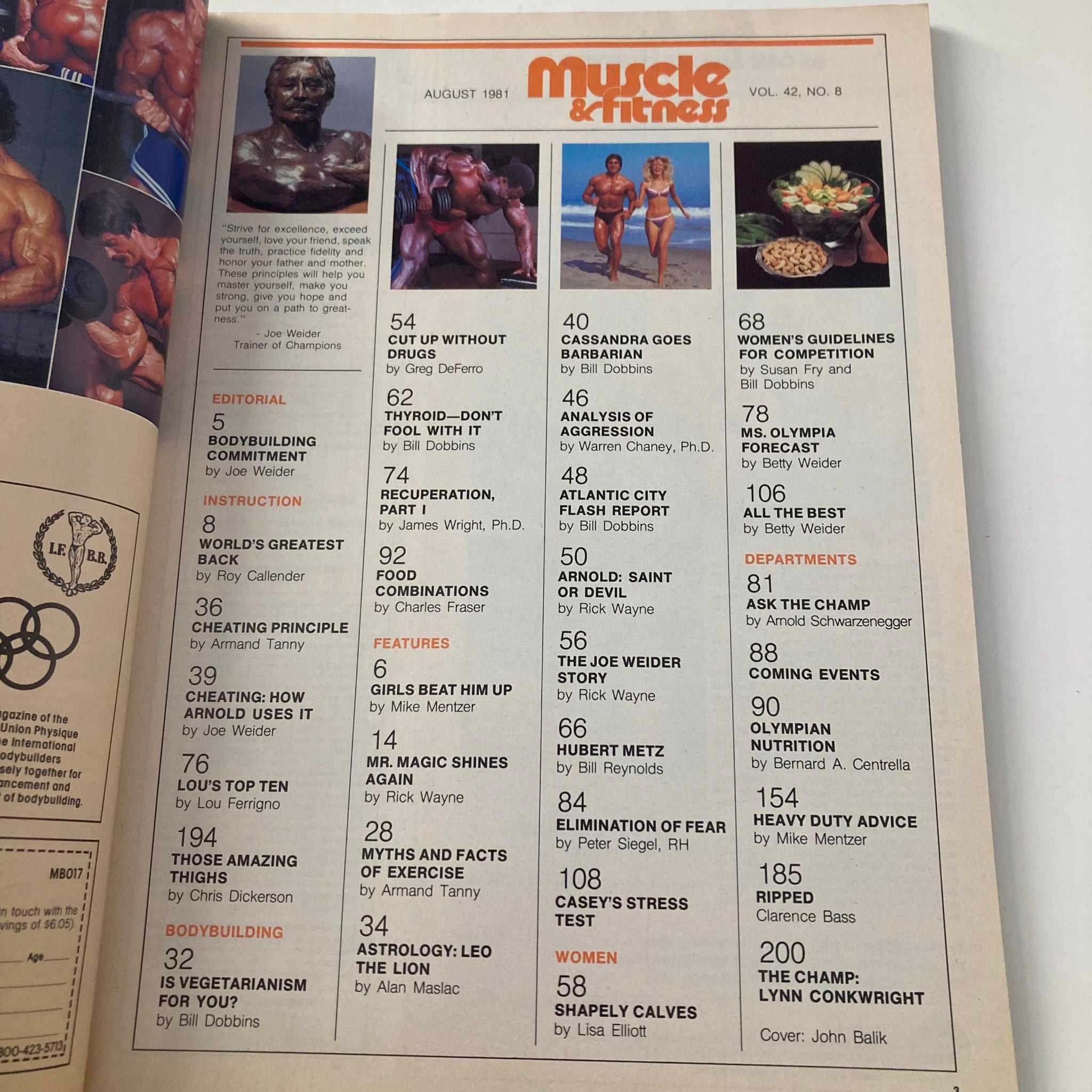 Interior page of Joe Weider's Muscle & Fitness Magazine from August 1981, featuring editorial content and articles related to bodybuilding and fitness history.