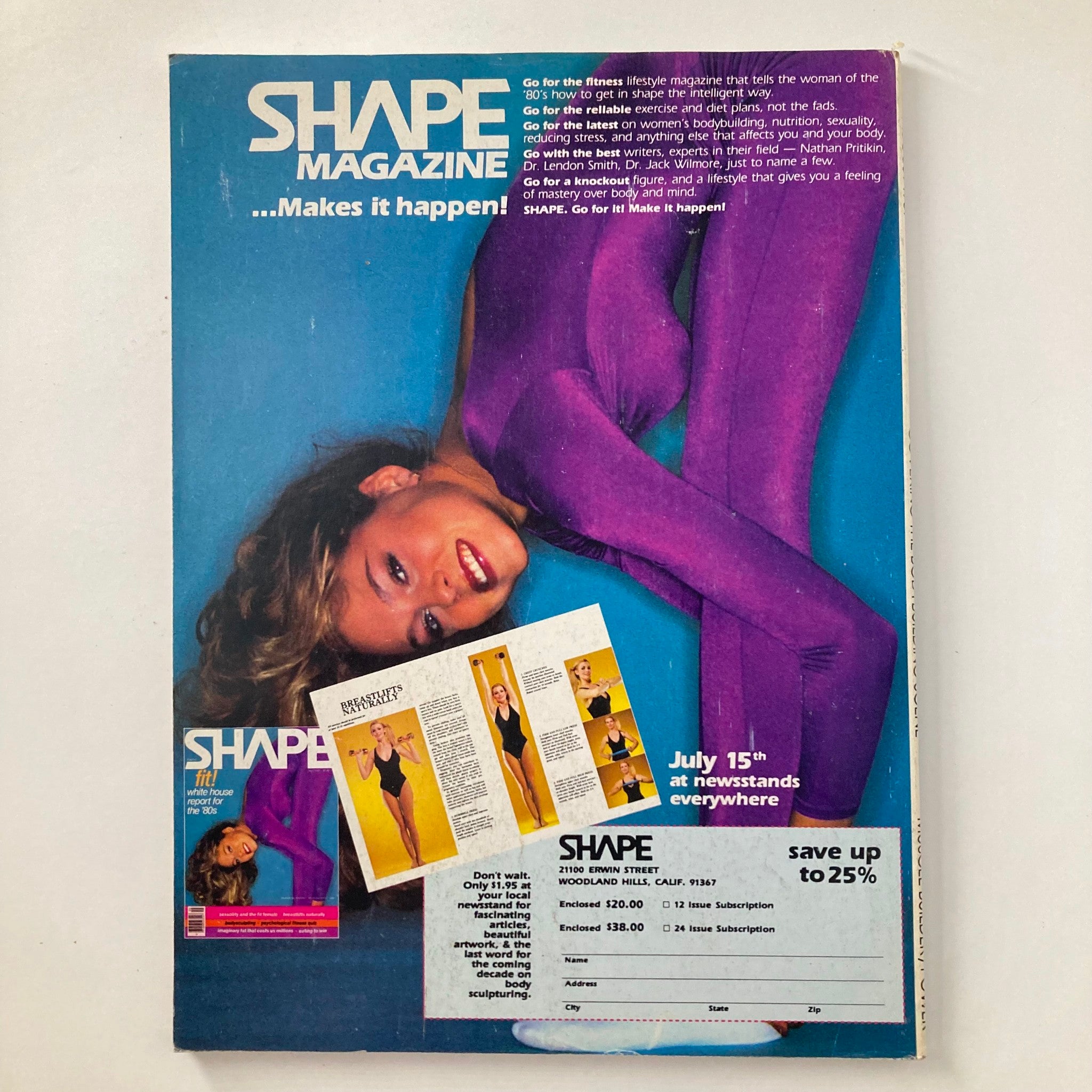 Cover of Shape Magazine featuring a model in a purple outfit, promoting women's fitness lifestyle in the 1980s, with a focus on exercise and nutrition.