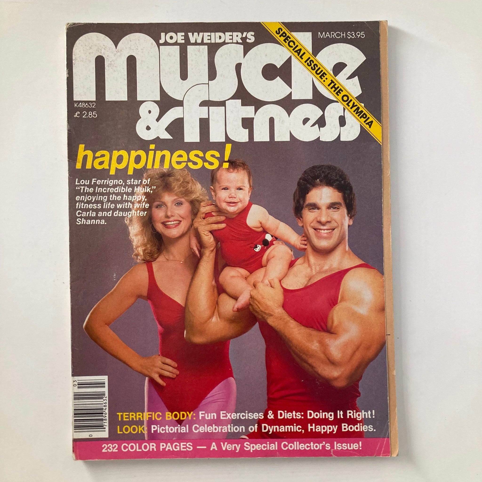Cover of Joe Weider's Muscle & Fitness Magazine, March 1982, featuring Lou Ferrigno, fitness advocate Carla, and their daughter Shanna, highlighting a celebration of health and fitness.