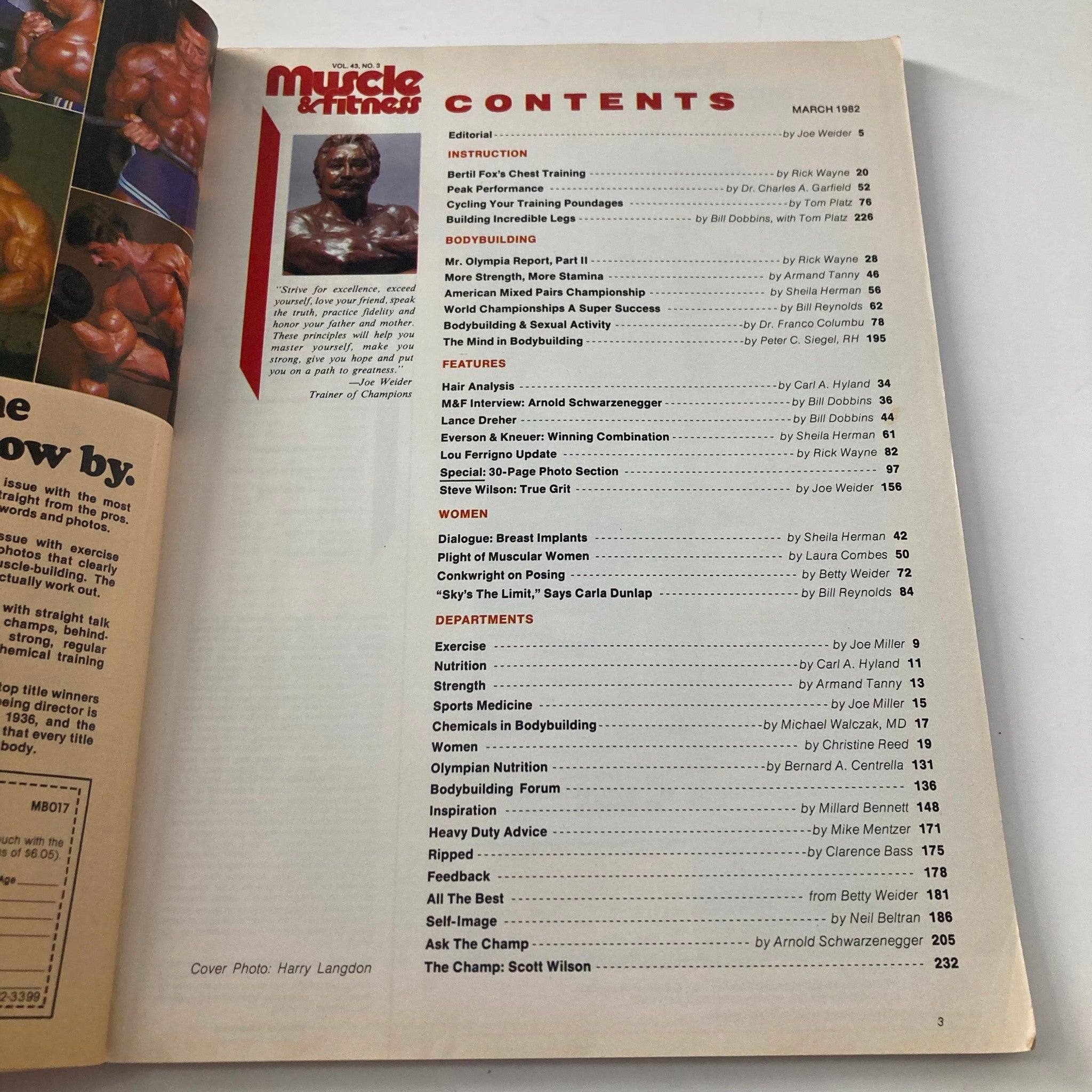 Contents page of Joe Weider's Muscle & Fitness Magazine March 1982 showcasing articles and features related to bodybuilding, fitness, and health.
