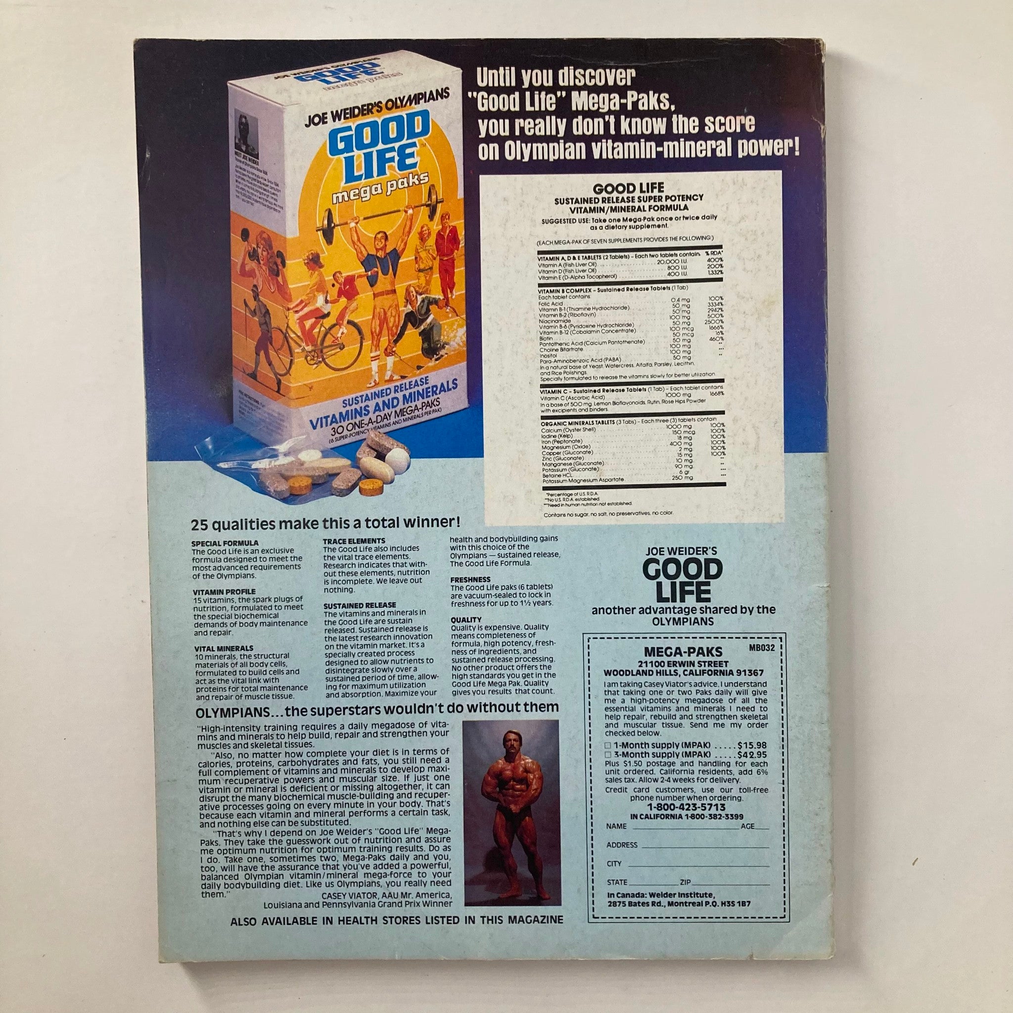 Back cover of Joe Weider's Muscle & Fitness Magazine March 1982 featuring an advertisement for 'Good Life' Mega-Paks vitamins and minerals targeted towards bodybuilders.
