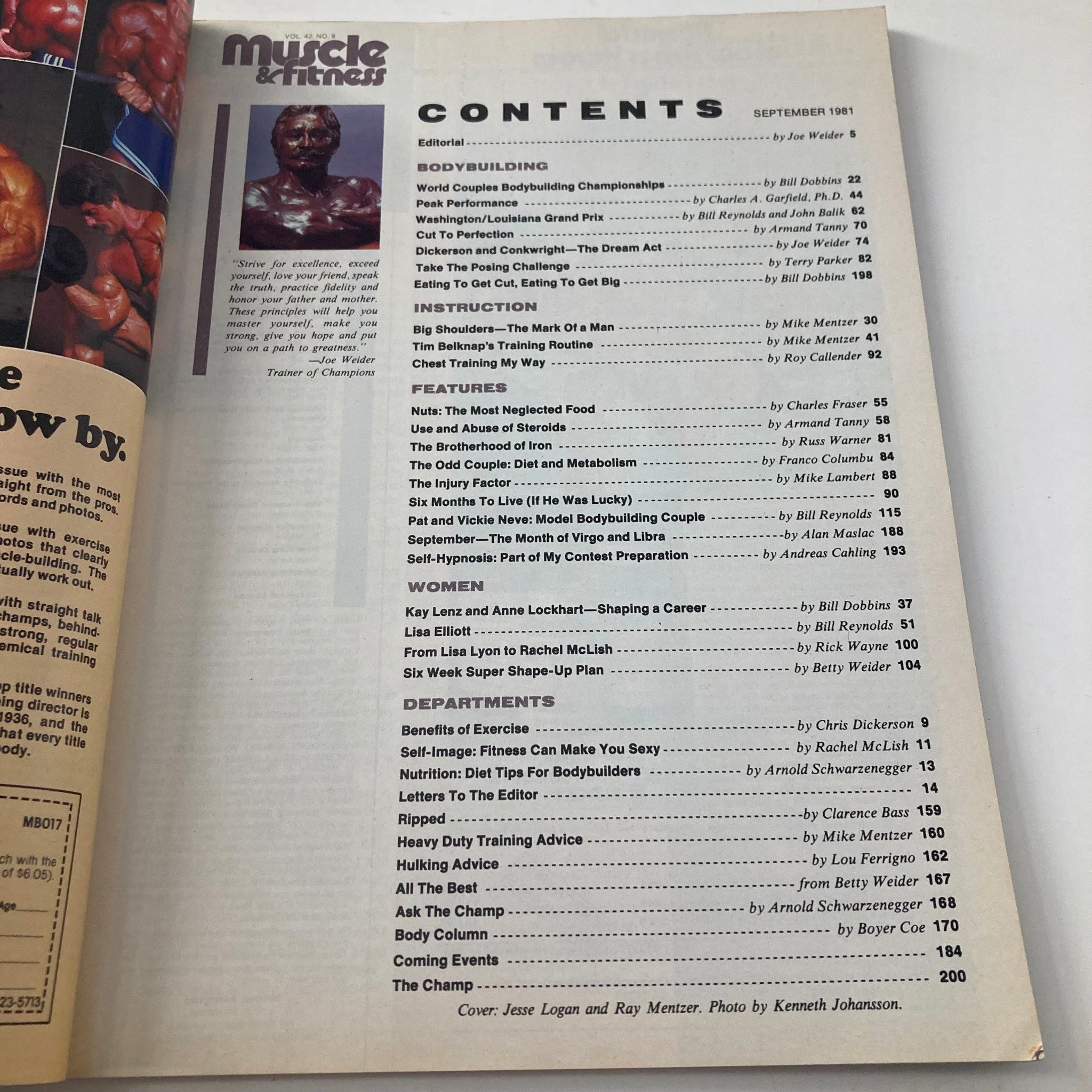 Contents page of Joe Weider's Muscle & Fitness Magazine, September 1981, detailing articles on bodybuilding, fitness routines, and lifestyle advice.