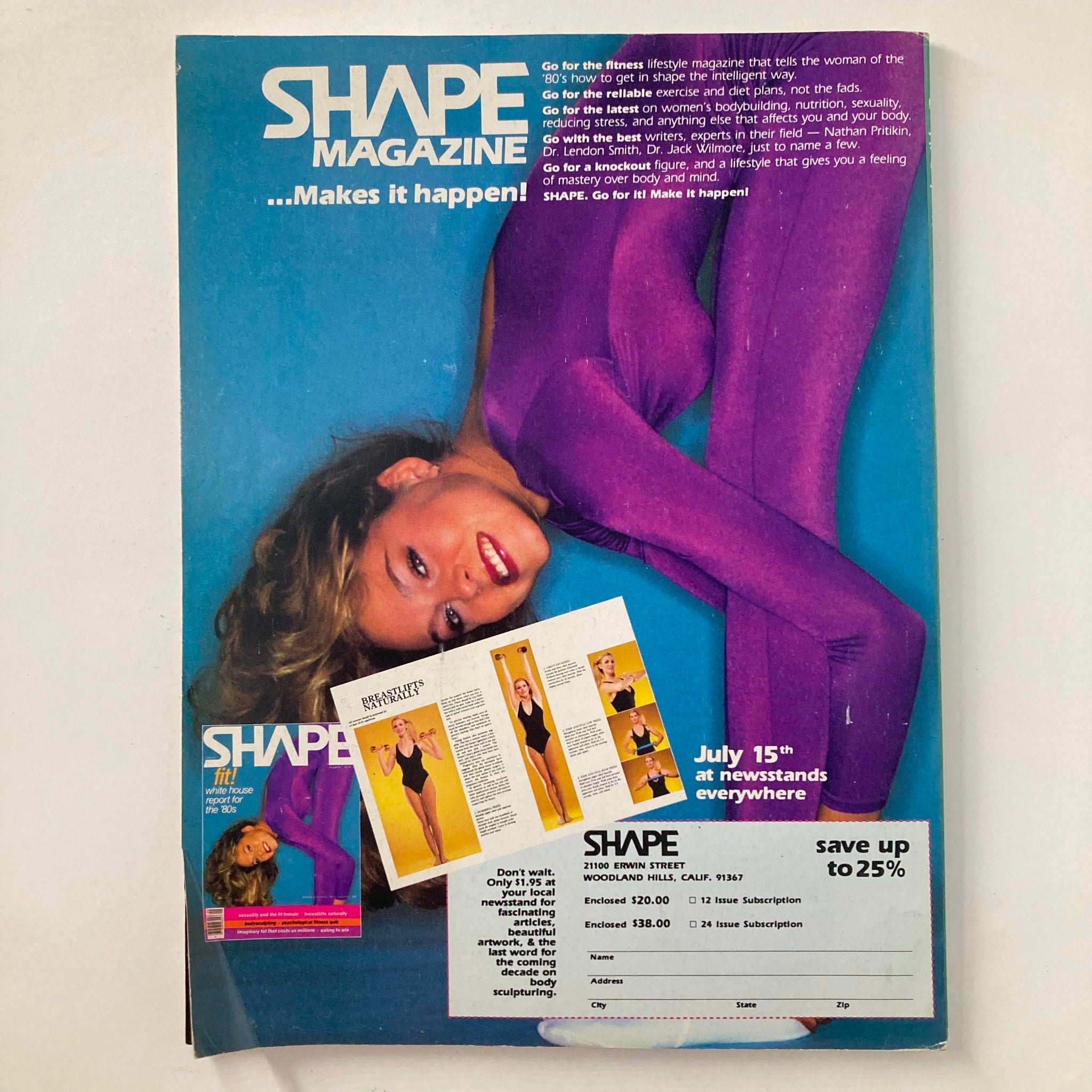 Back cover of SHAPE Magazine featuring a woman in a purple outfit promoting fitness, highlighting issues related to women's health and exercise.