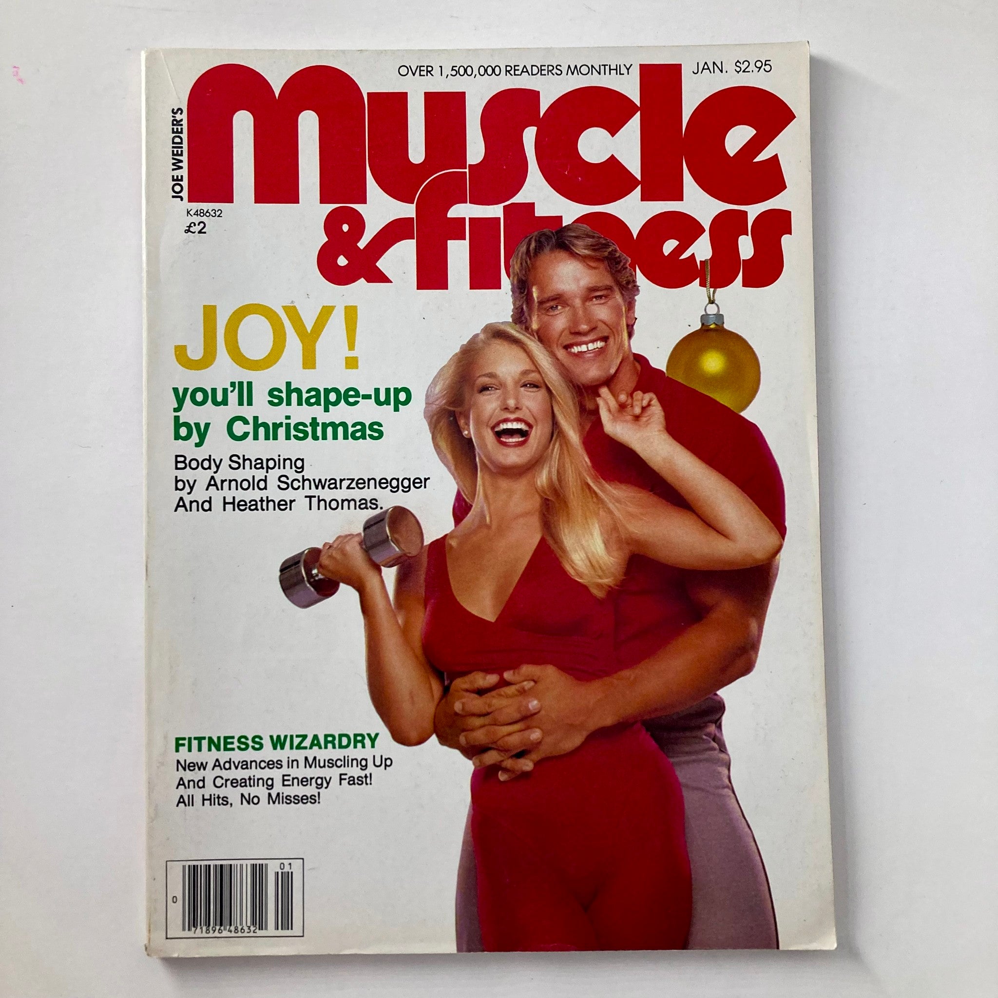 Joe Weider's Muscle & Fitness Magazine December 1981 featuring Arnold Schwarzenegger and Heather Thomas on the cover, promoting fitness for the holiday season.