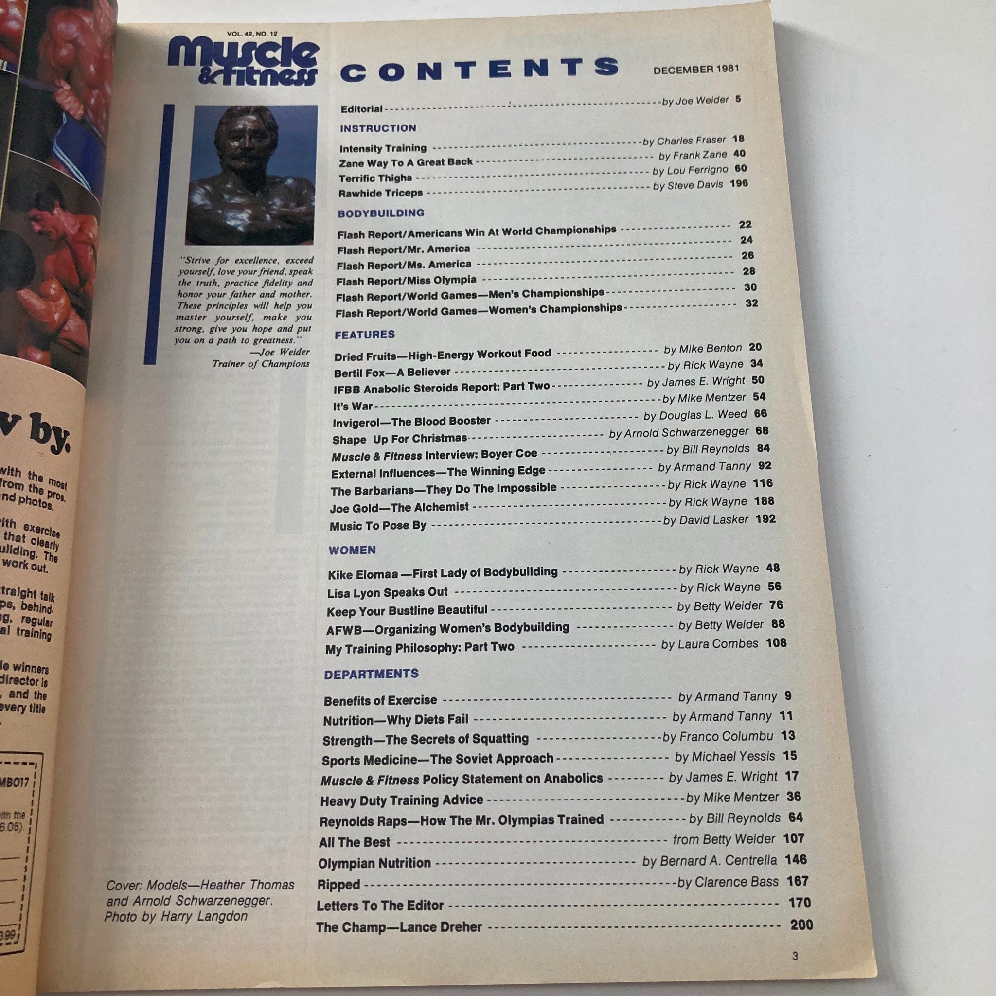 Contents page of Joe Weider's Muscle & Fitness Magazine December 1981, highlighting various articles and features including training advice from Arnold Schwarzenegger.