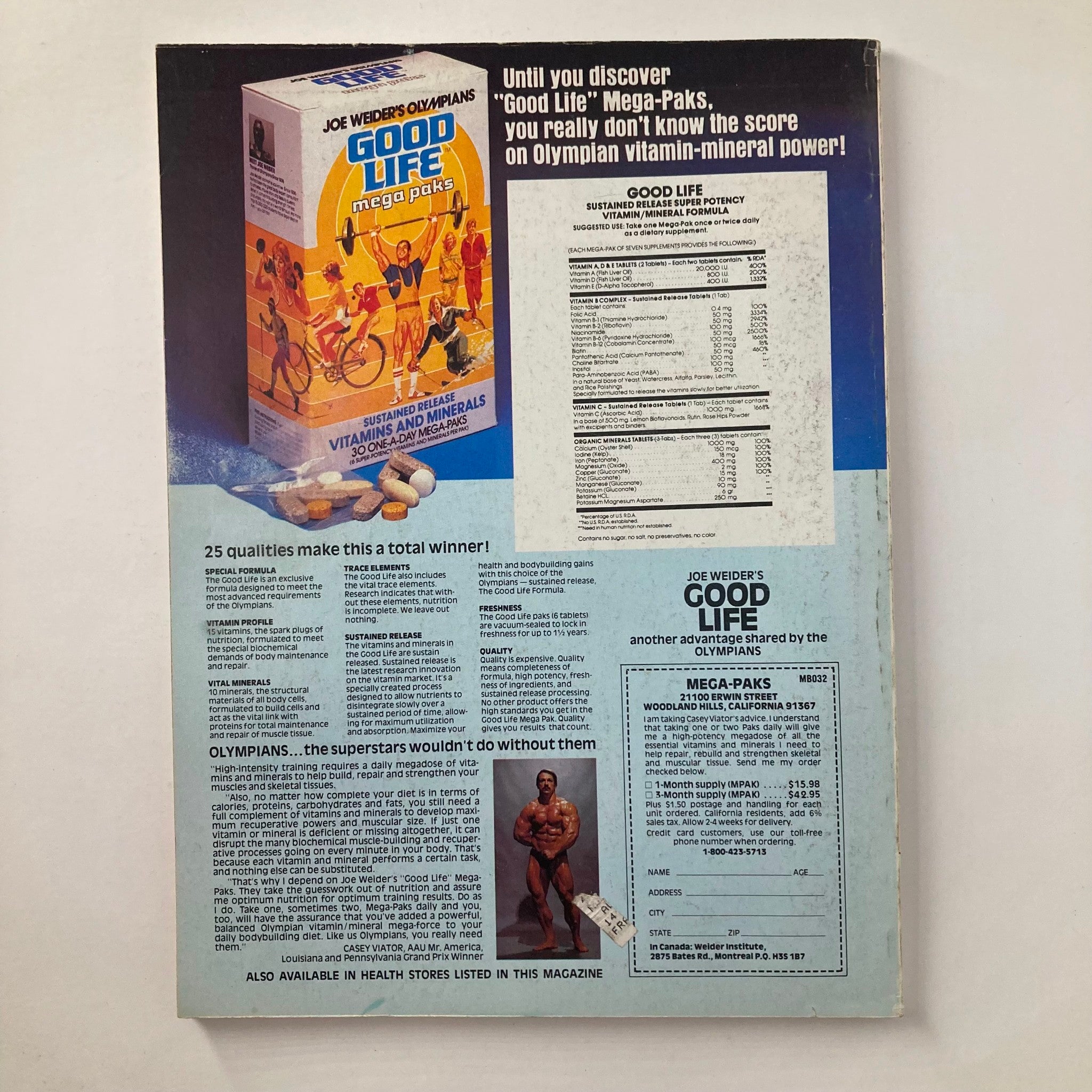 Back cover of Joe Weider's Muscle & Fitness Magazine December 1981, showcasing an advertisement for Joe Weider's Good Life Mega-Paks vitamins and minerals.