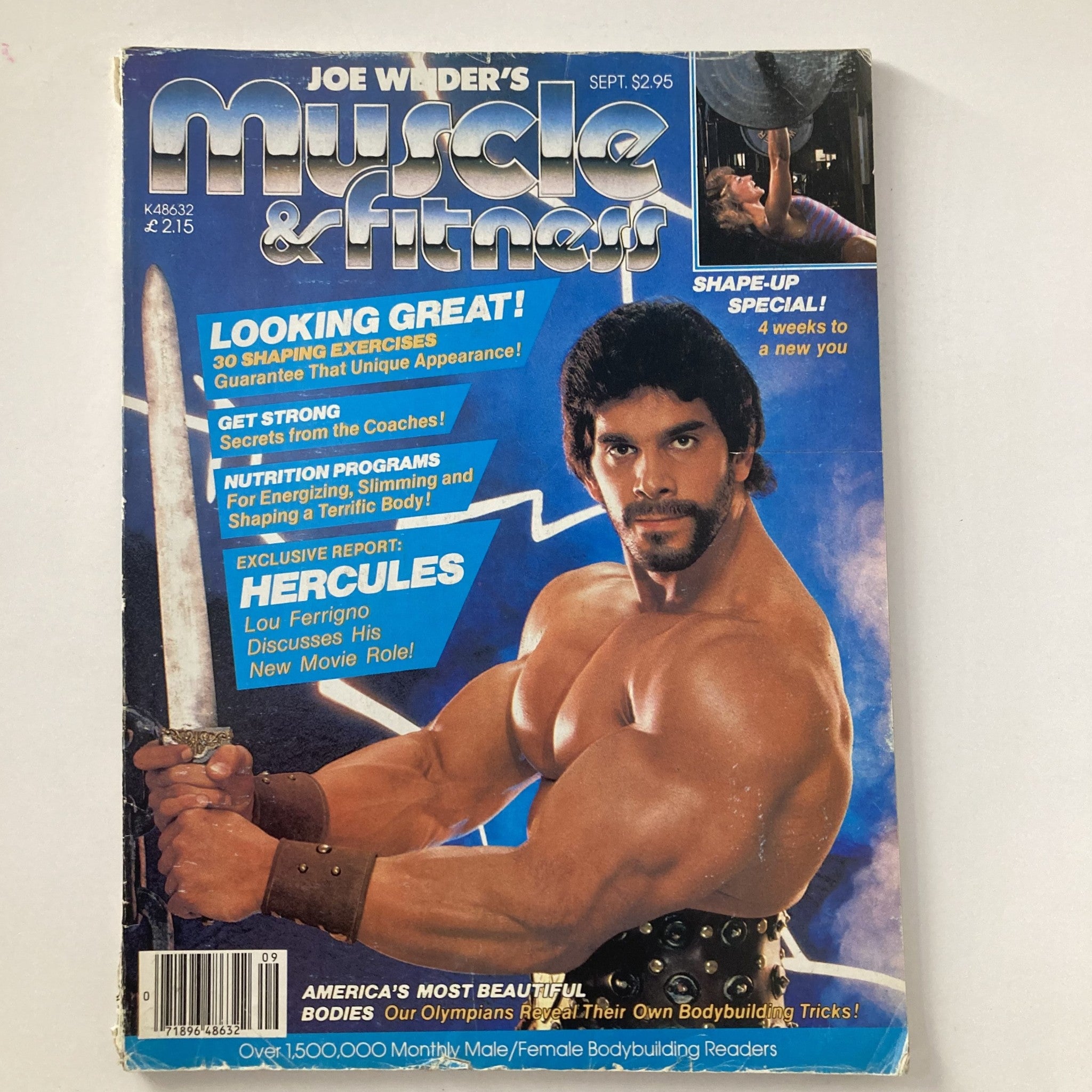 Cover of Joe Weider's Muscle & Fitness Magazine September 1982 featuring Lou Ferrigno as Hercules, showcasing fitness tips, exercises, and a report on strength training.