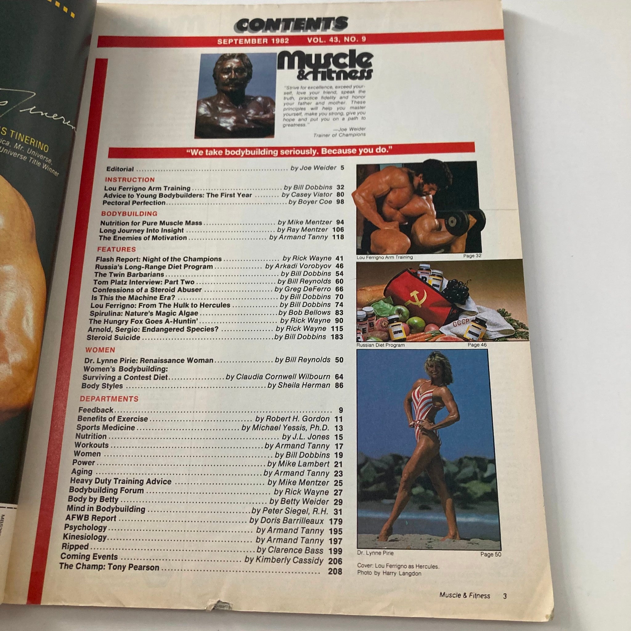 Table of contents from Joe Weider's Muscle & Fitness Magazine September 1982, featuring exercises and articles relevant to bodybuilding.