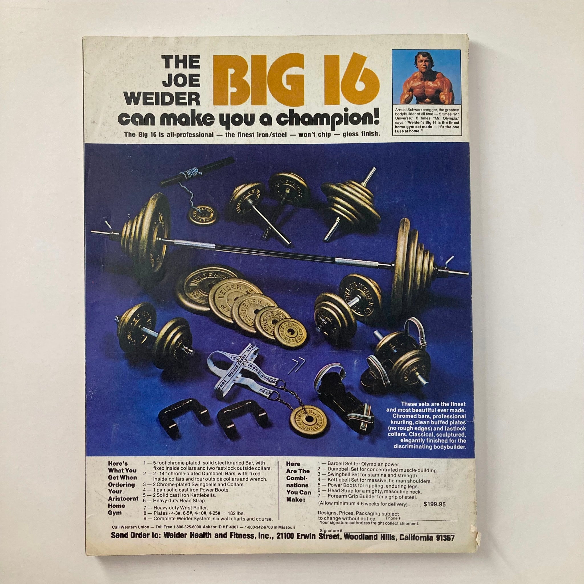 Back cover of Joe Weider's Muscle & Fitness Magazine September 1982, displaying the Big 16 weight set with a visual layout of the equipment.