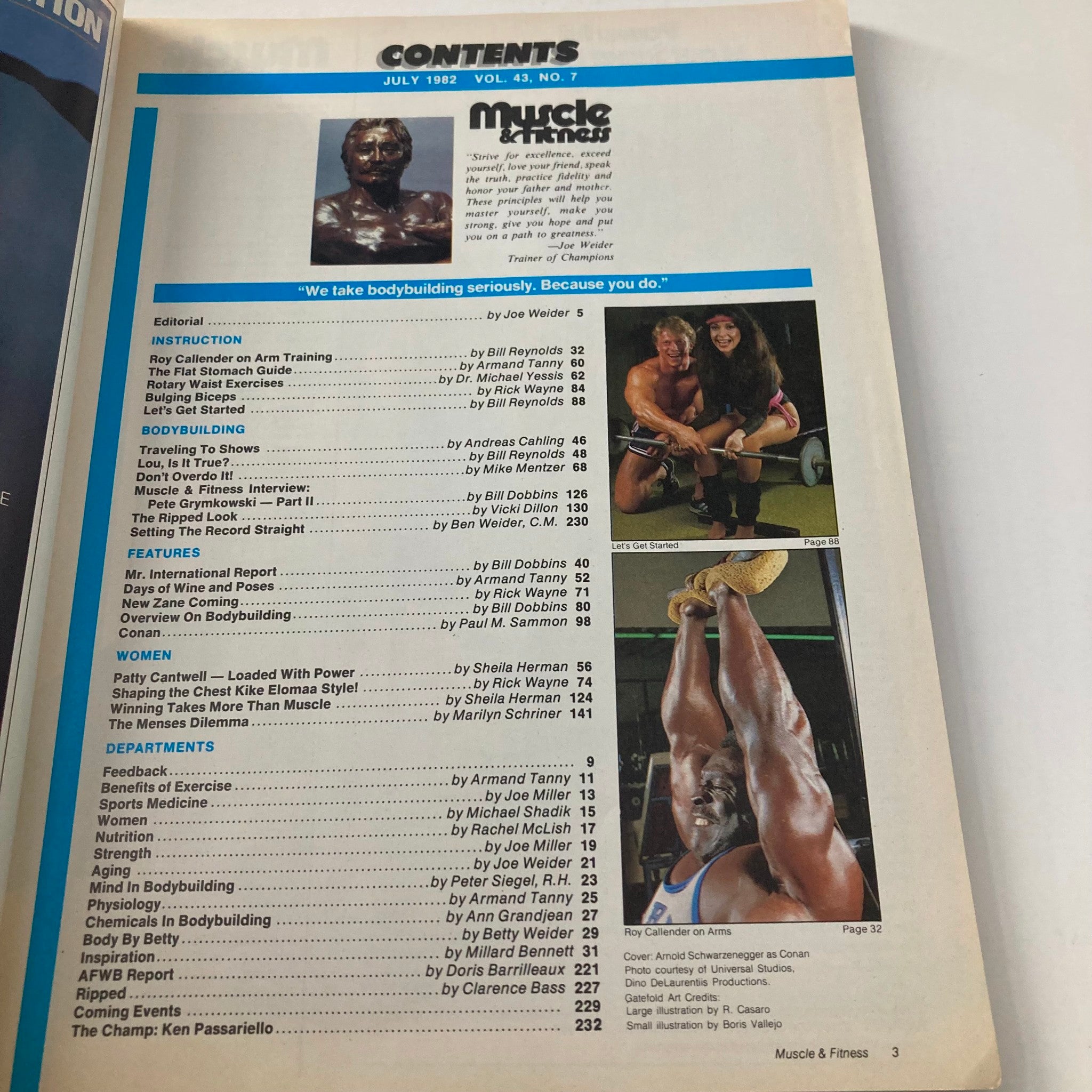 Contents page of Joe Weider's Muscle & Fitness Magazine, July 1982, listing articles on bodybuilding and fitness, featuring photographs of athletes.