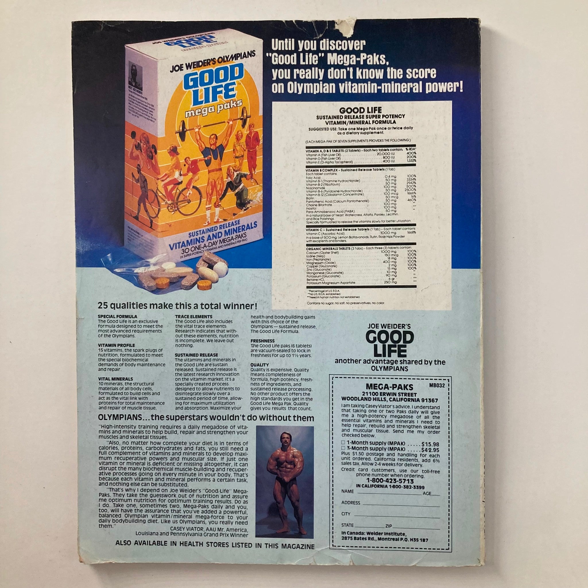 Back cover of Joe Weider's Muscle & Fitness Magazine, July 1982 promoting Good Life Mega-Paks with vitamins and minerals for bodybuilders.