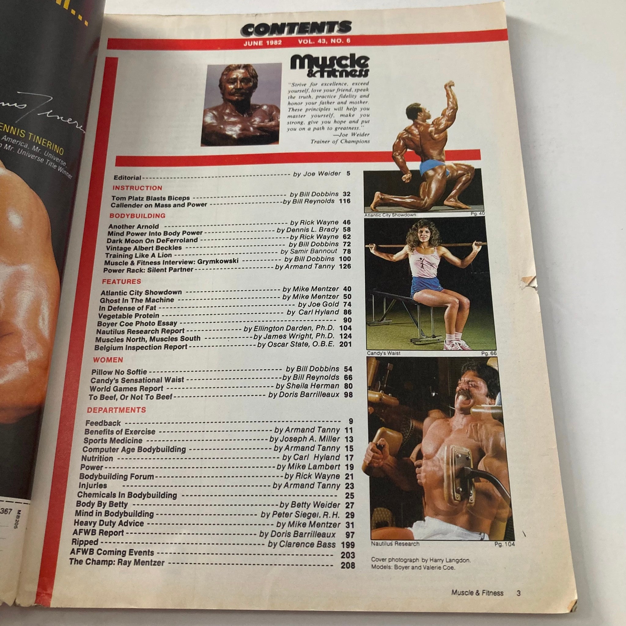 Contents page of Joe Weider's Muscle & Fitness Magazine, June 1982 listing articles and features related to bodybuilding, fitness tips, and workout routines.